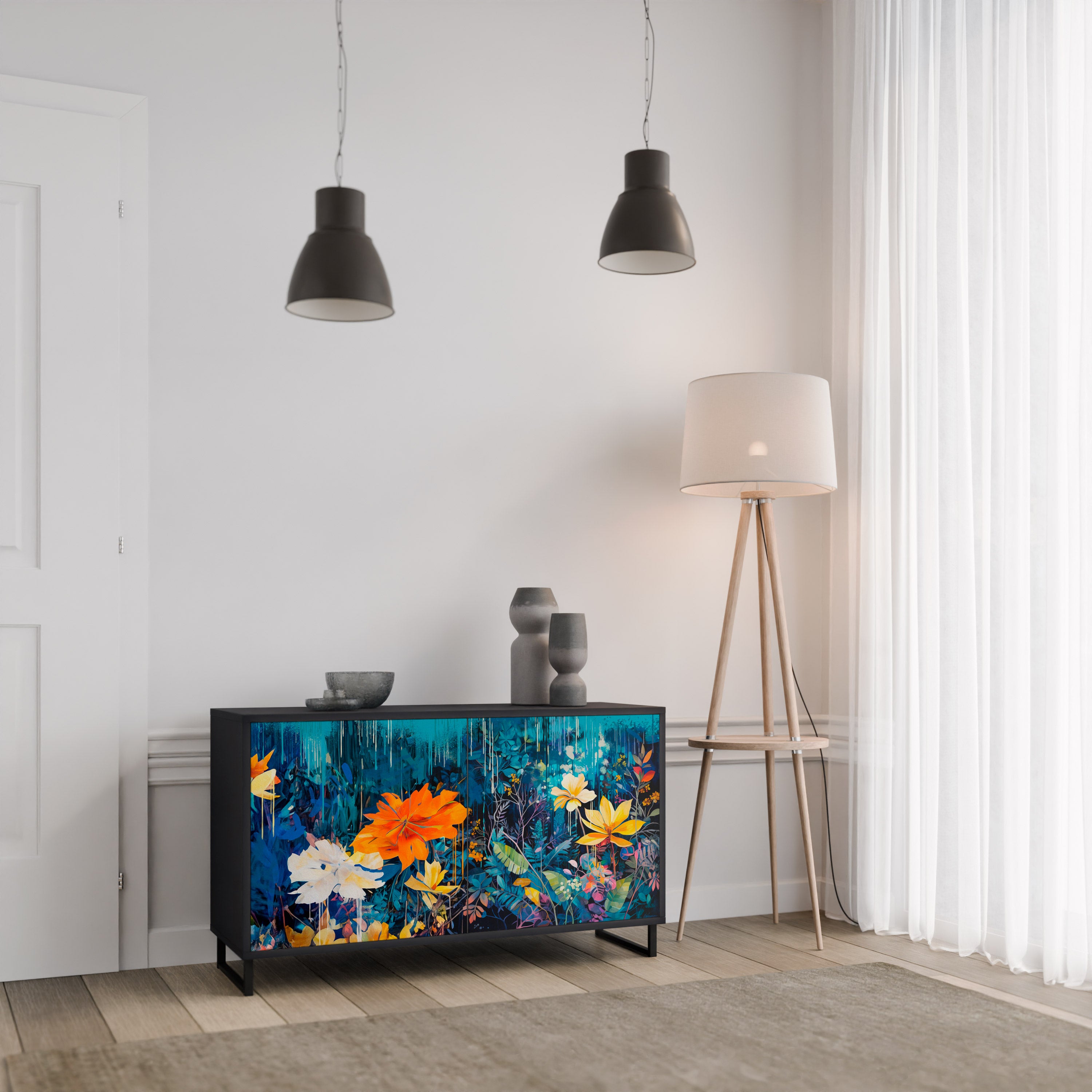 MIDNIGHT BLOSSOM 2-Door Sideboard in Black Finish