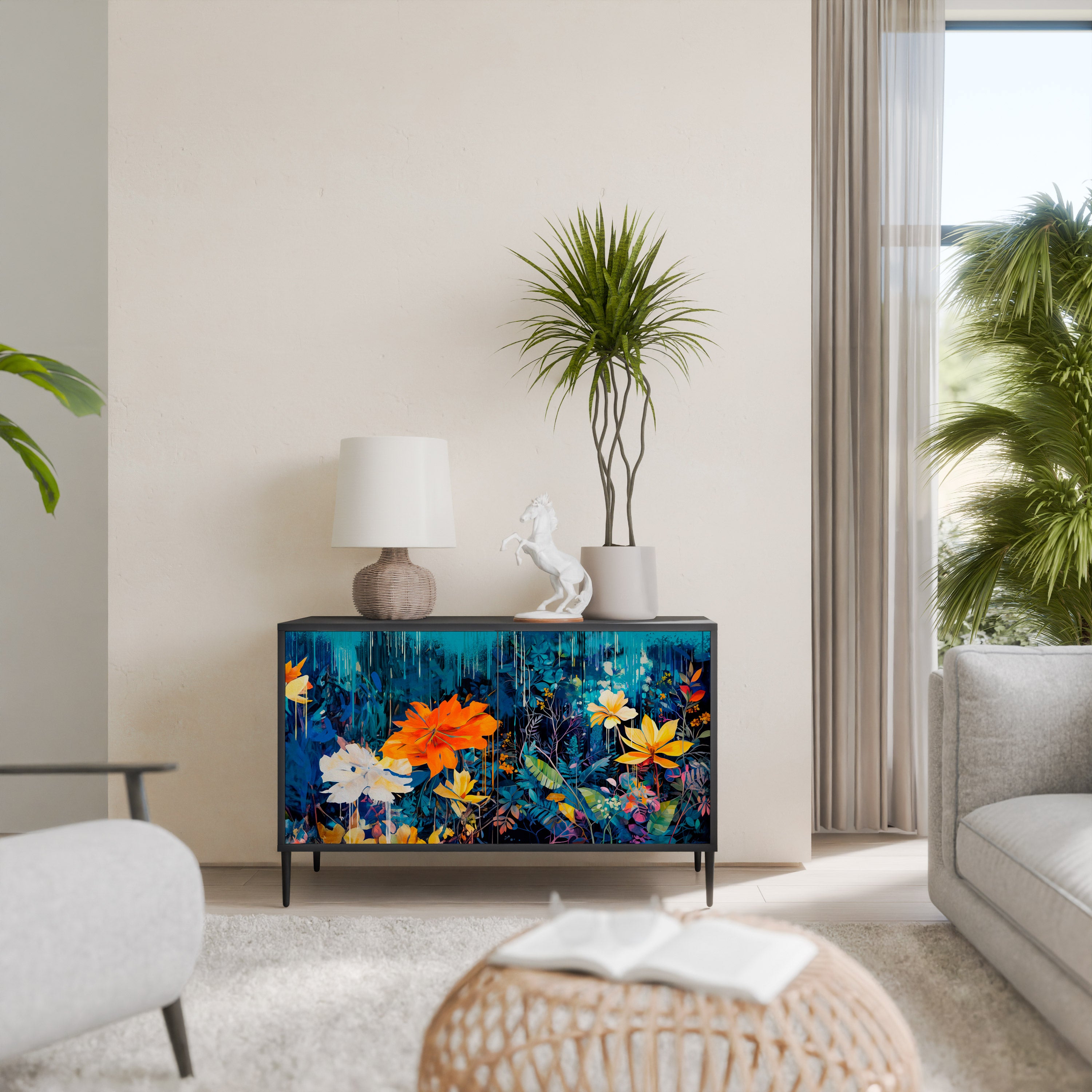 MIDNIGHT BLOSSOM 2-Door Sideboard in Black Finish