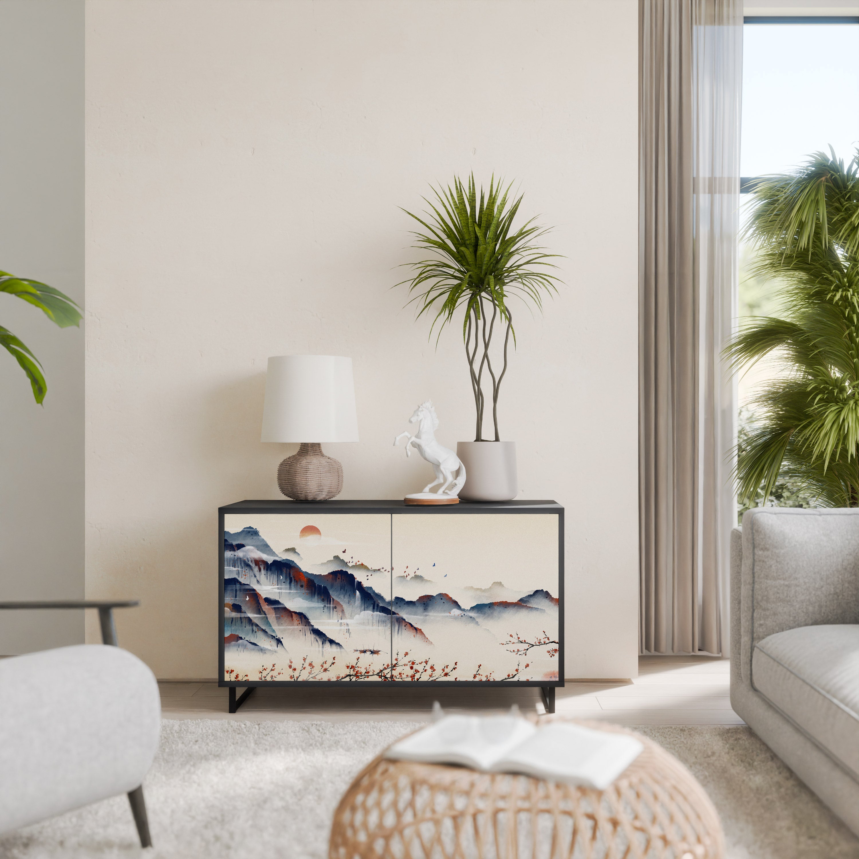 JAPANESE LANDSCAPE 2-Door Sideboard in Black Finish