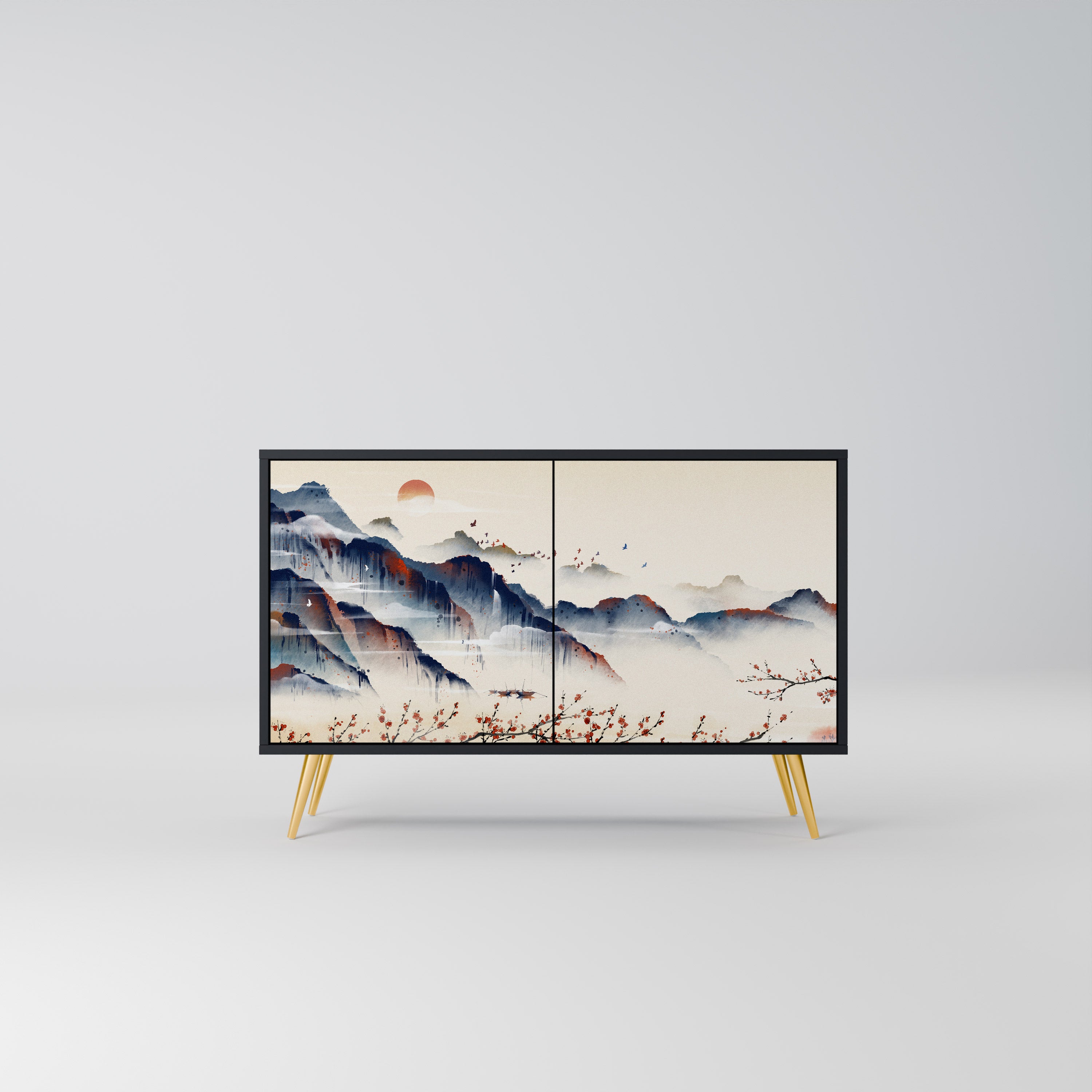 JAPANESE LANDSCAPE 2-Door Sideboard in Black Finish