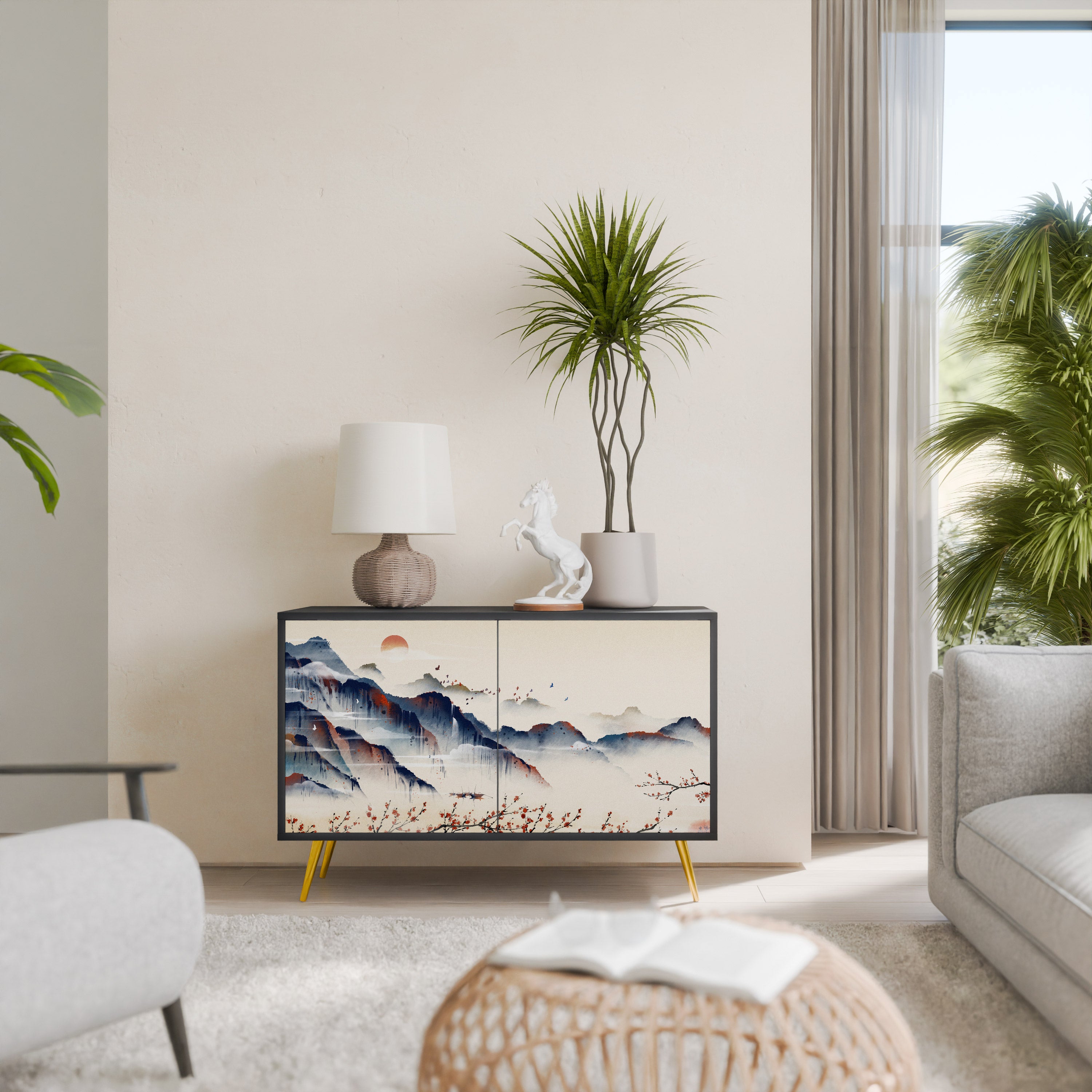 JAPANESE LANDSCAPE 2-Door Sideboard in Black Finish