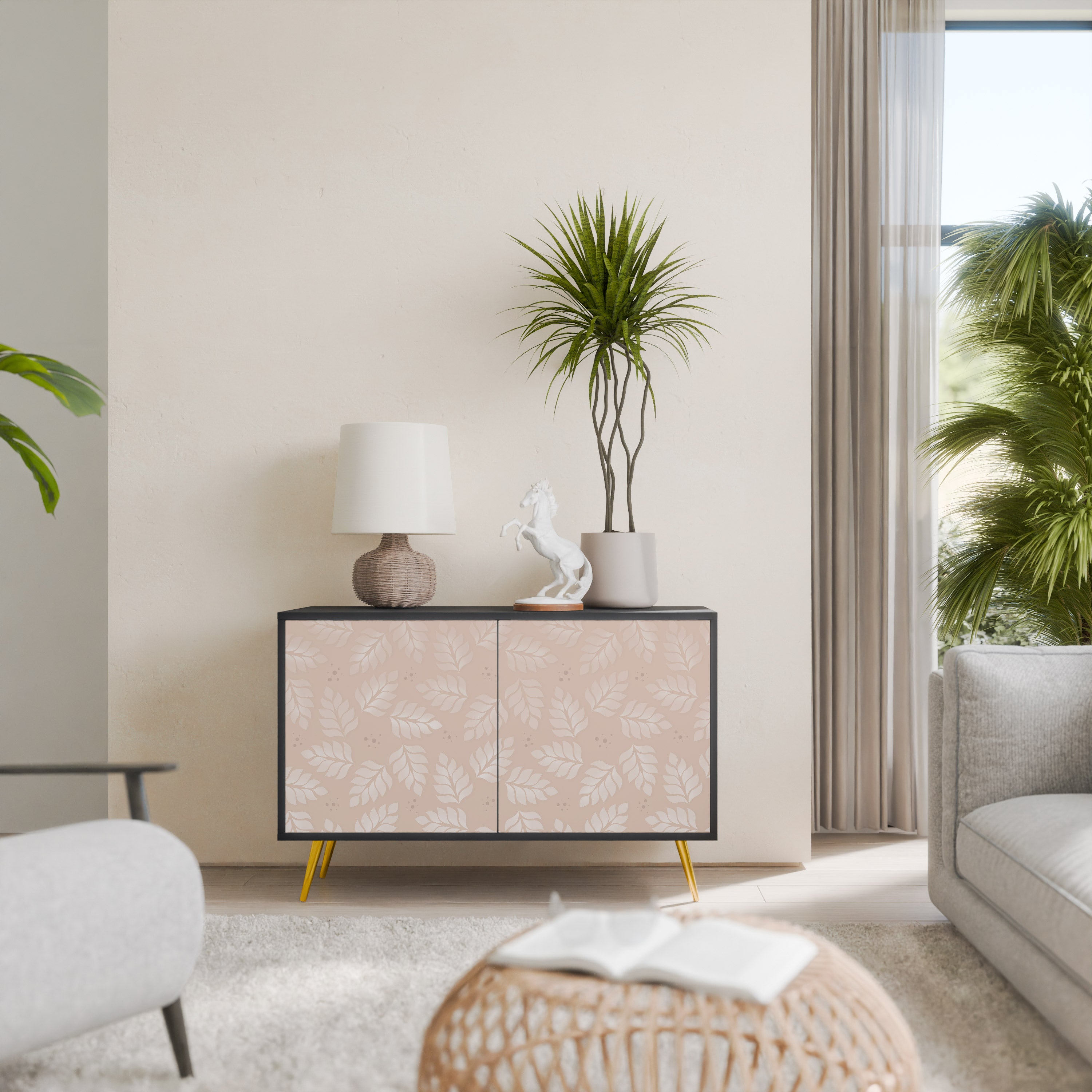 LEAVES ON BEIGE 2-Door Sideboard in Black Finish
