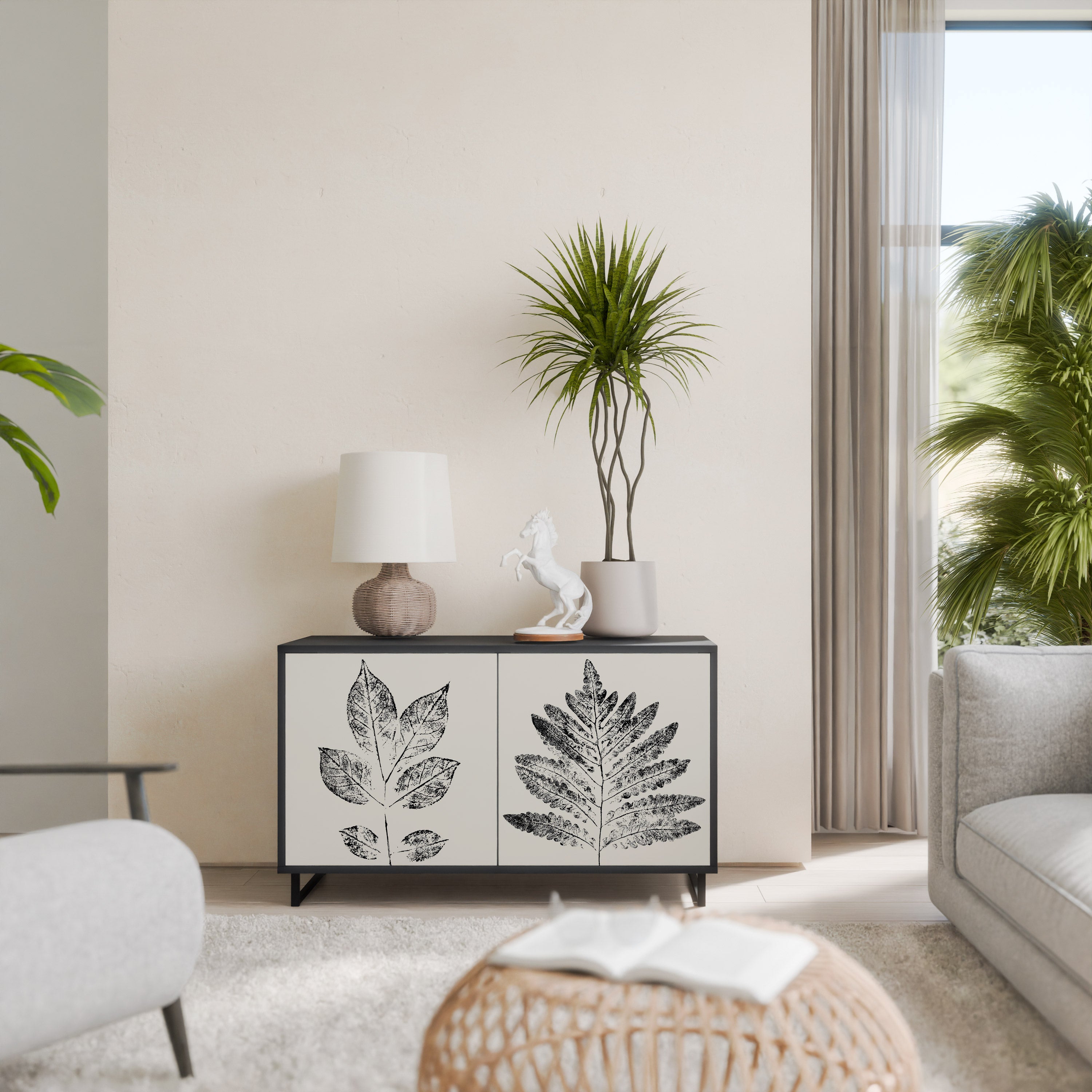 LEAFY STAMPS 2-Door Sideboard in Black Finish