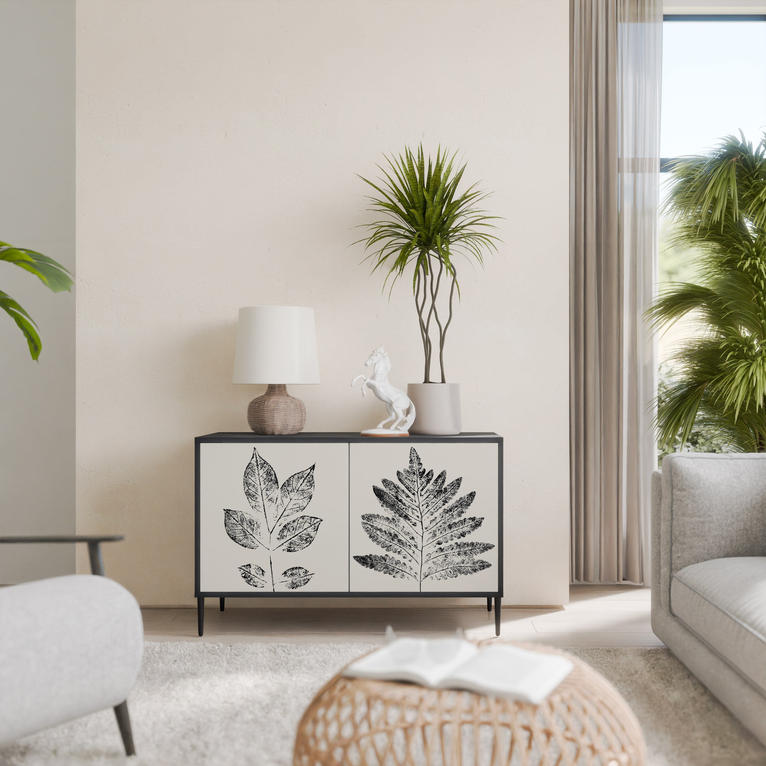 LEAFY STAMPS 2-Door Sideboard in Black Finish