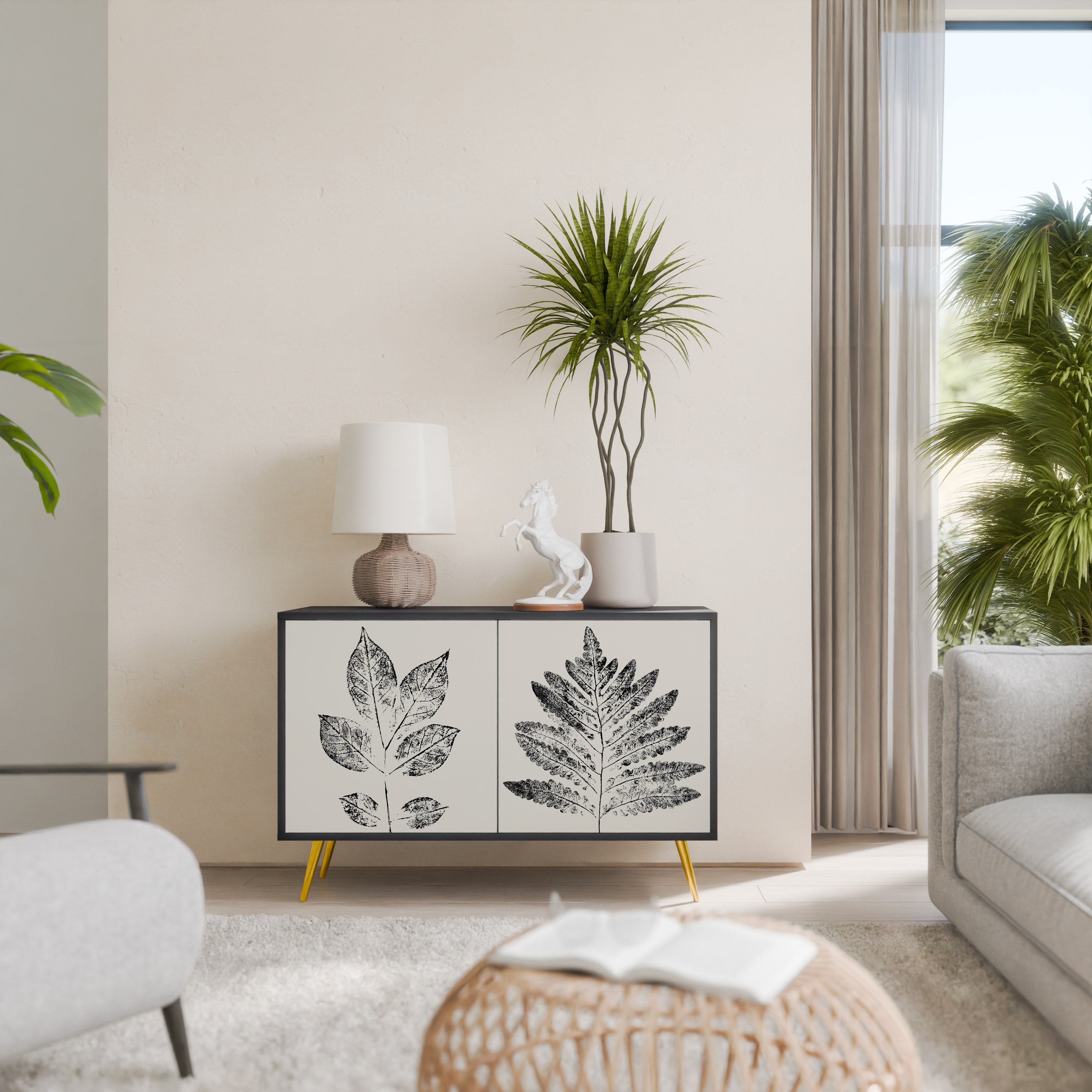 LEAFY STAMPS 2-Door Sideboard in Black Finish