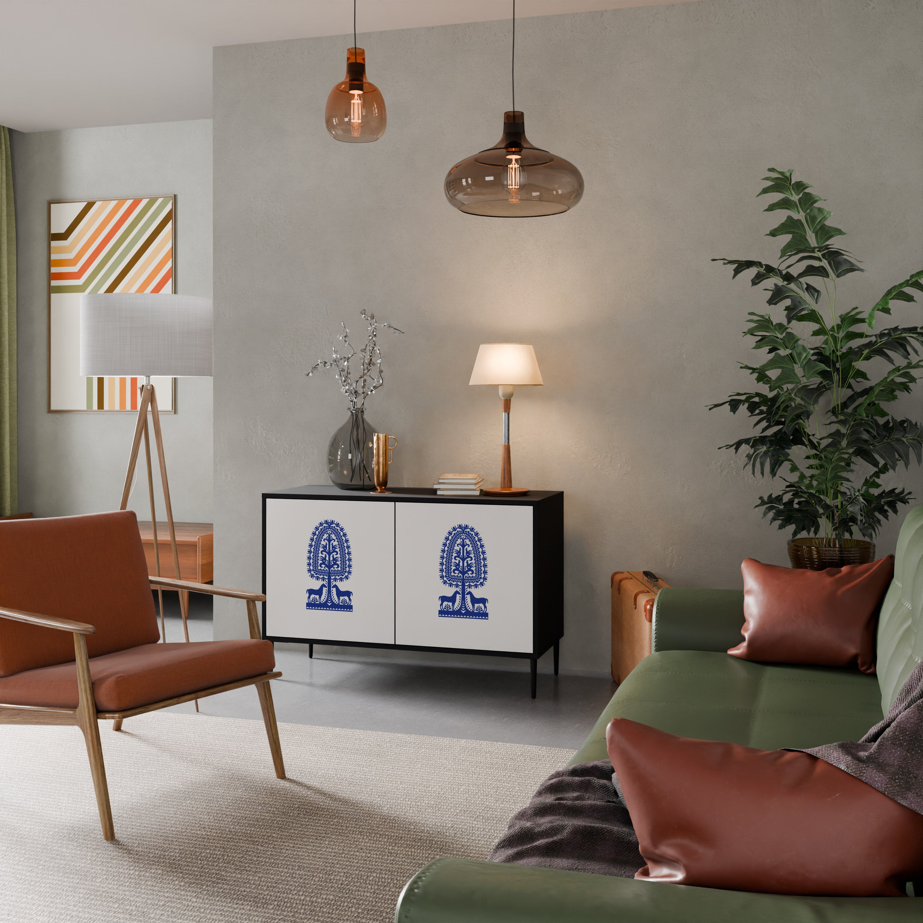 POLISH FOLK ART 2-Door Sideboard in Black Finish