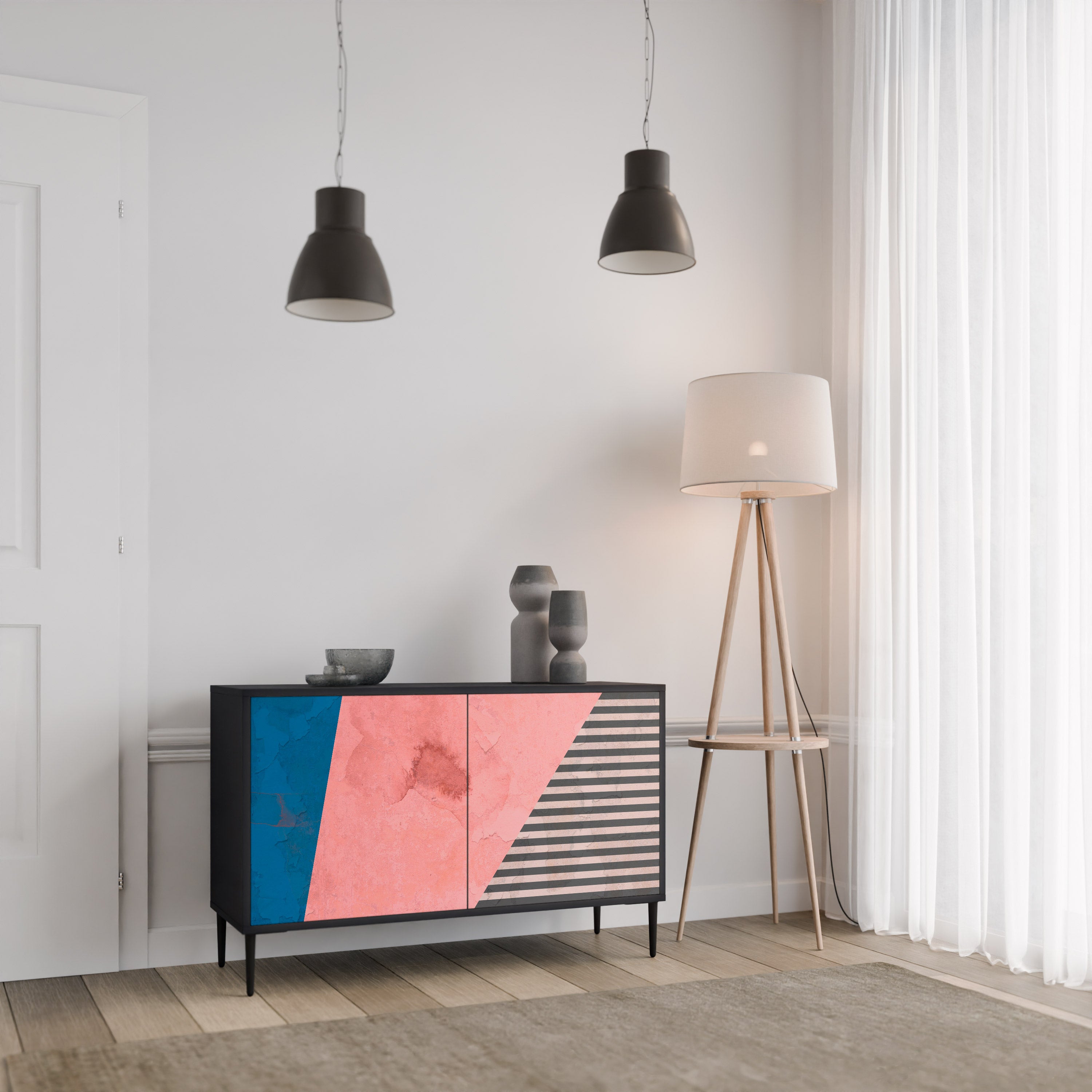 GLAMOROUS STRIPE 2-Door Sideboard in Black Finish