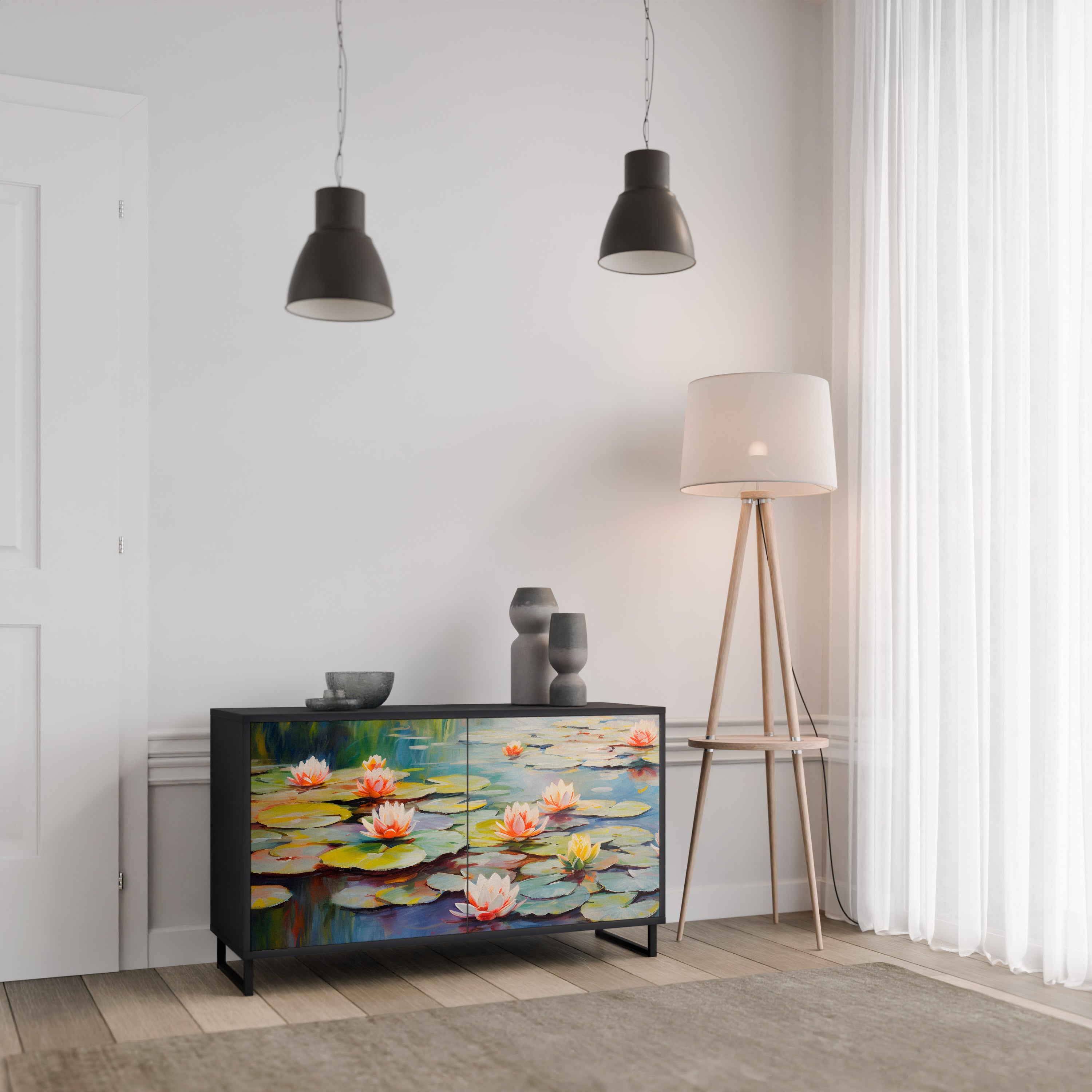 BLOOMING WATERS 2-Door Sideboard in Black Finish