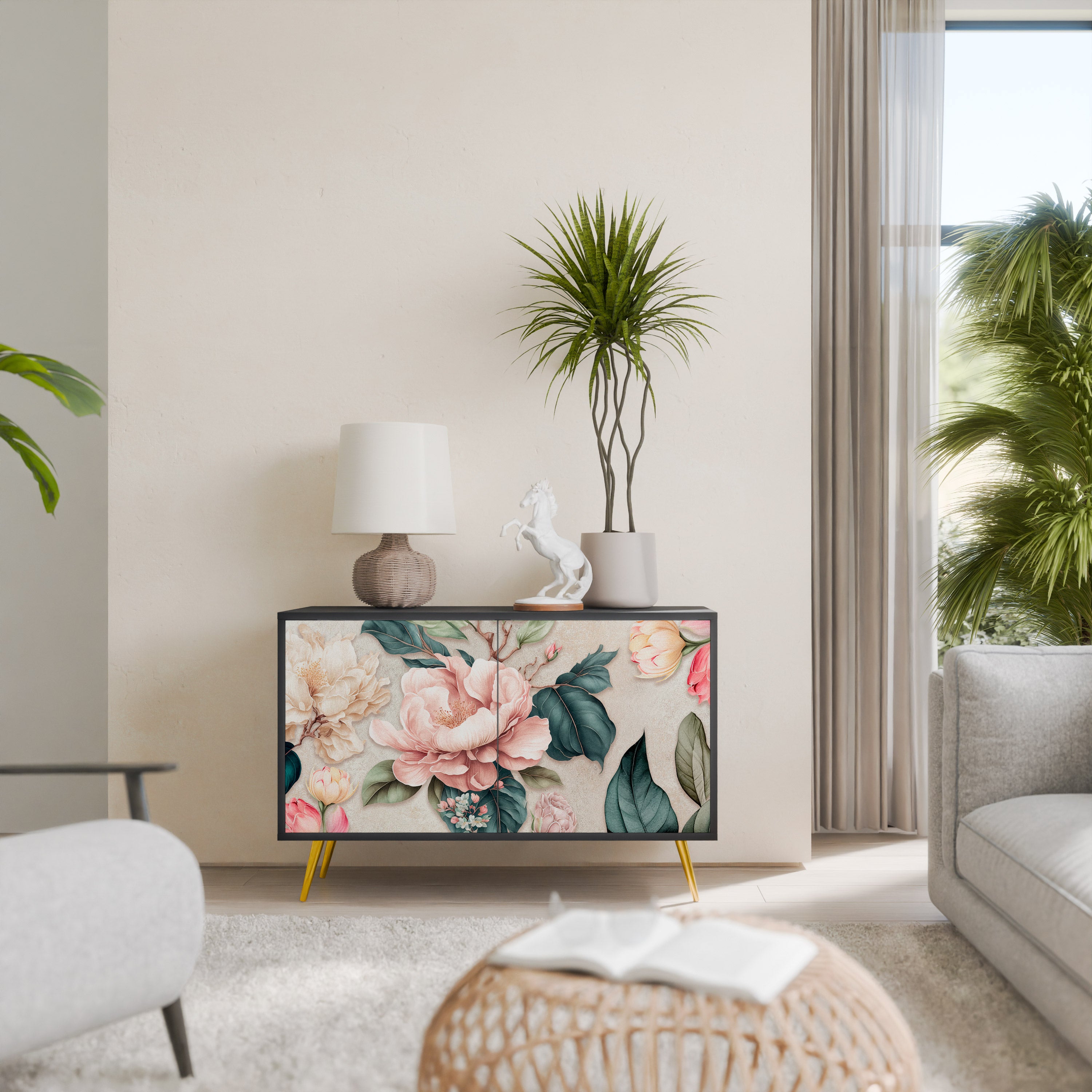 FLORAL GRACE 2-Door Sideboard in Black Finish