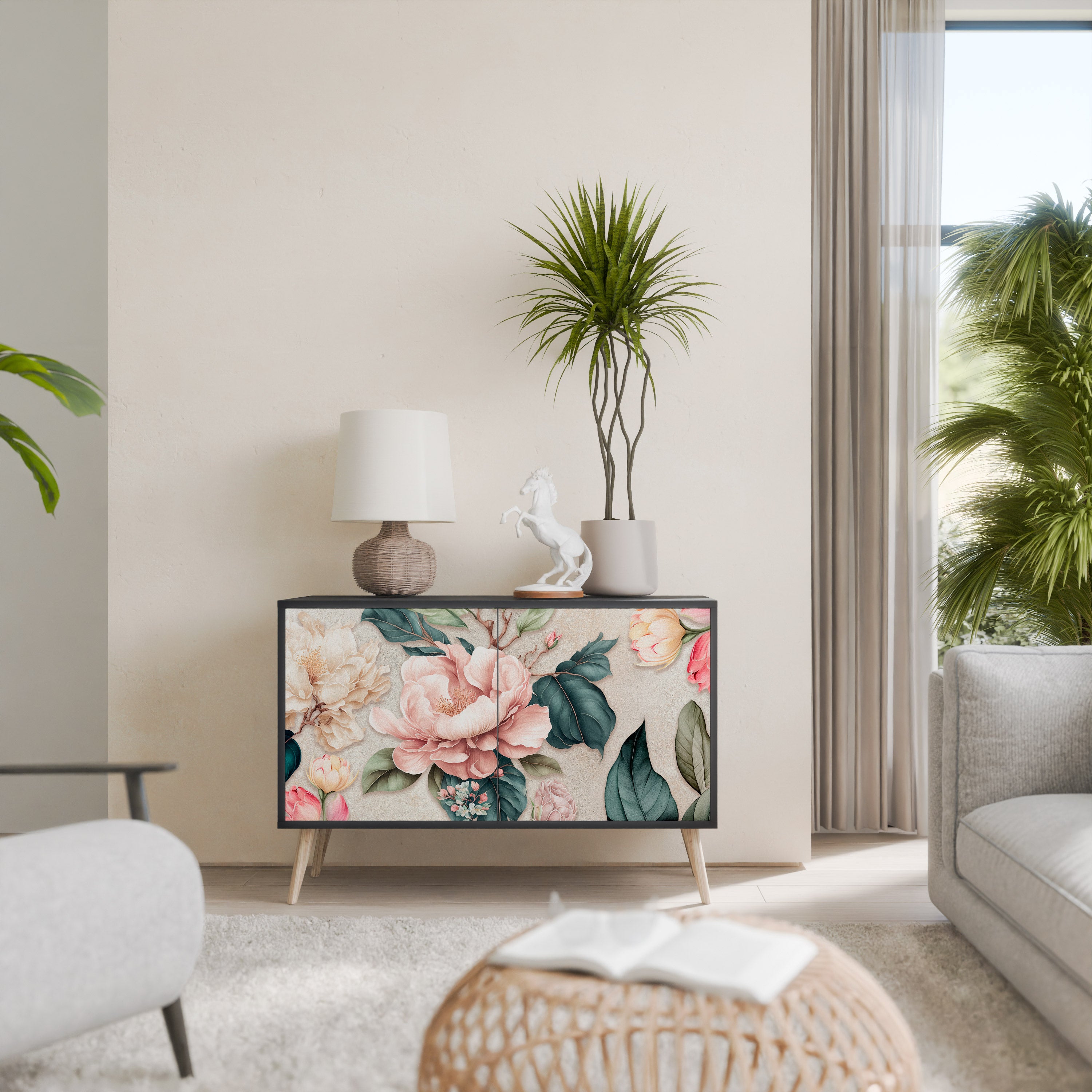 FLORAL GRACE 2-Door Sideboard in Black Finish