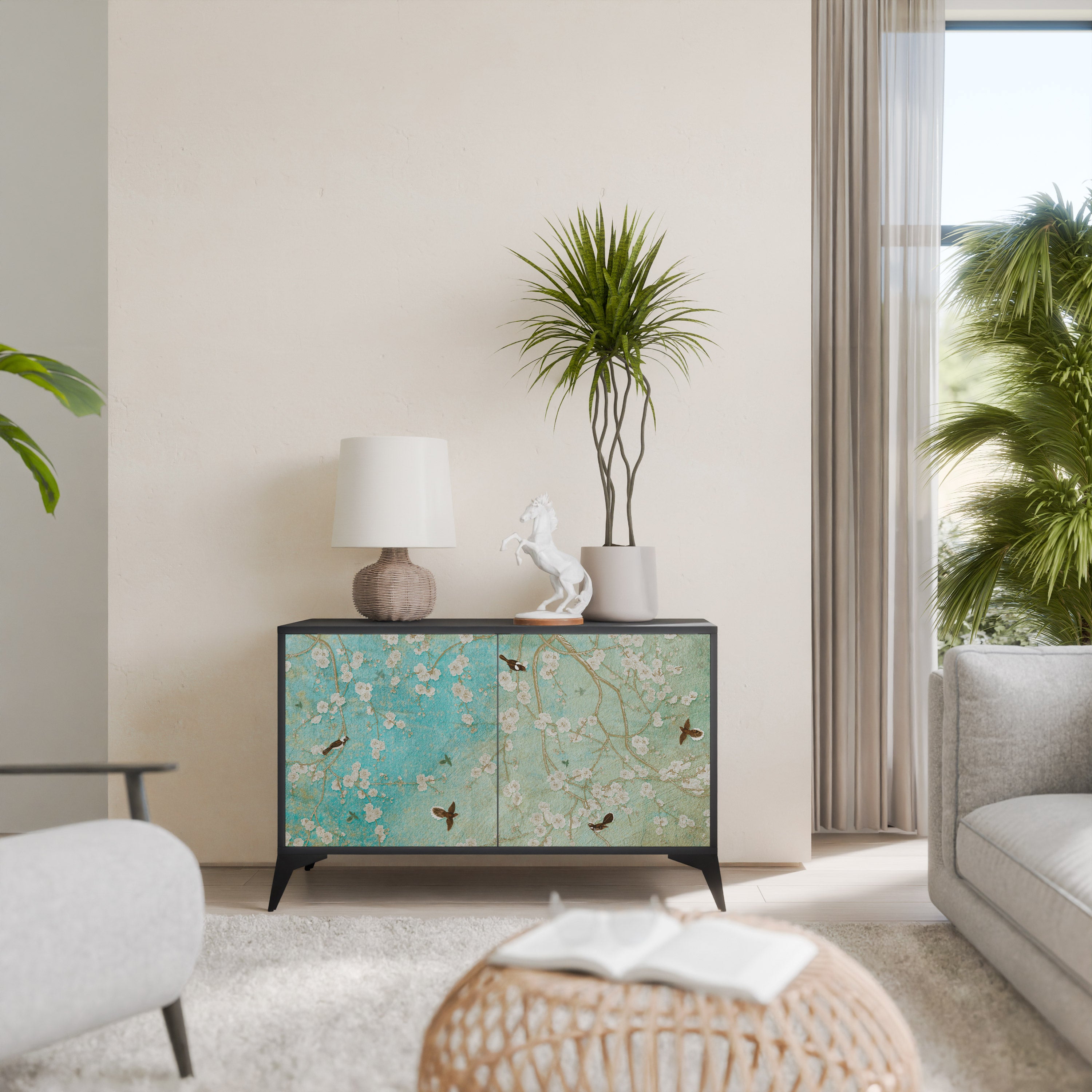 BLOOMING CHARM 2-Door Sideboard in Black Finish