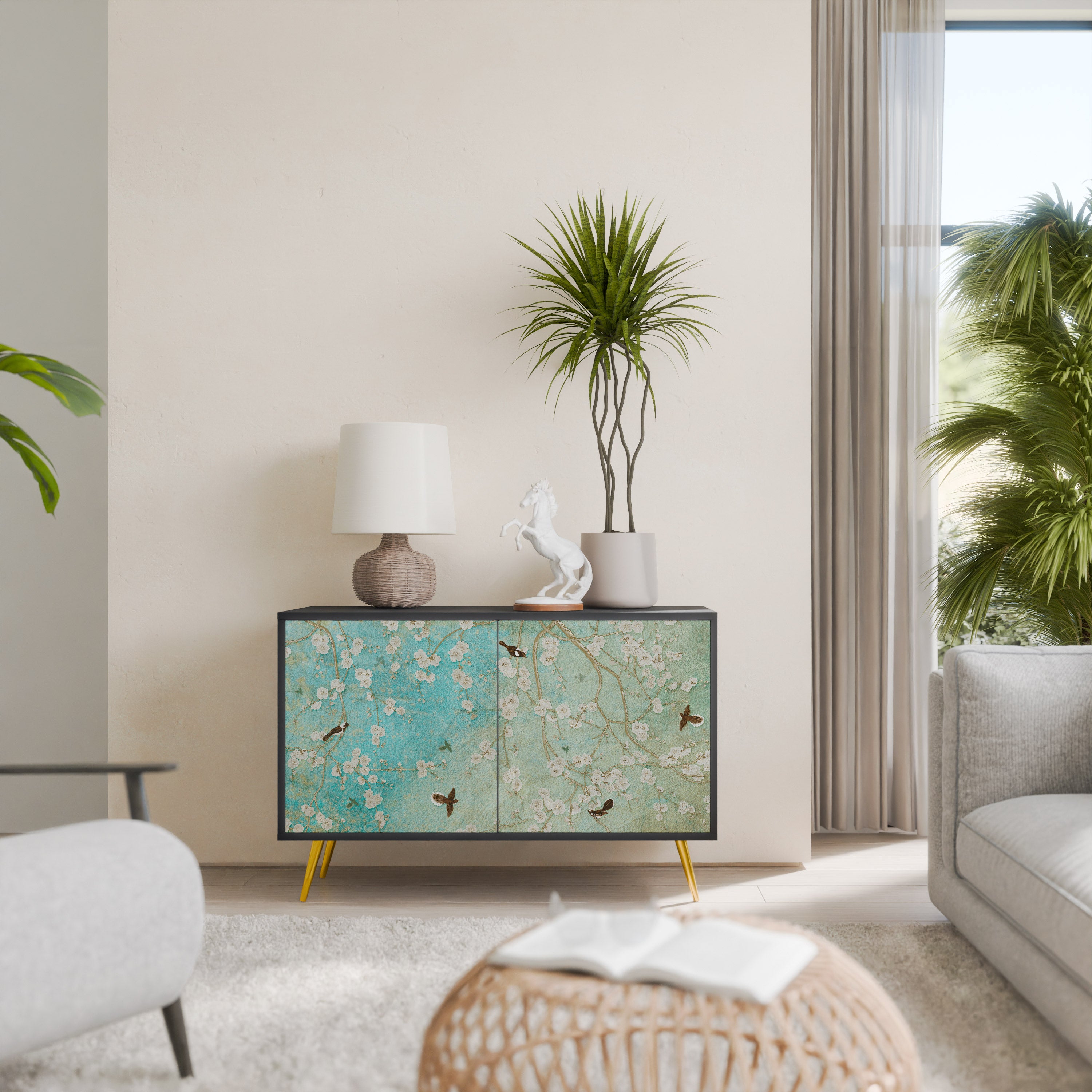 BLOOMING CHARM 2-Door Sideboard in Black Finish