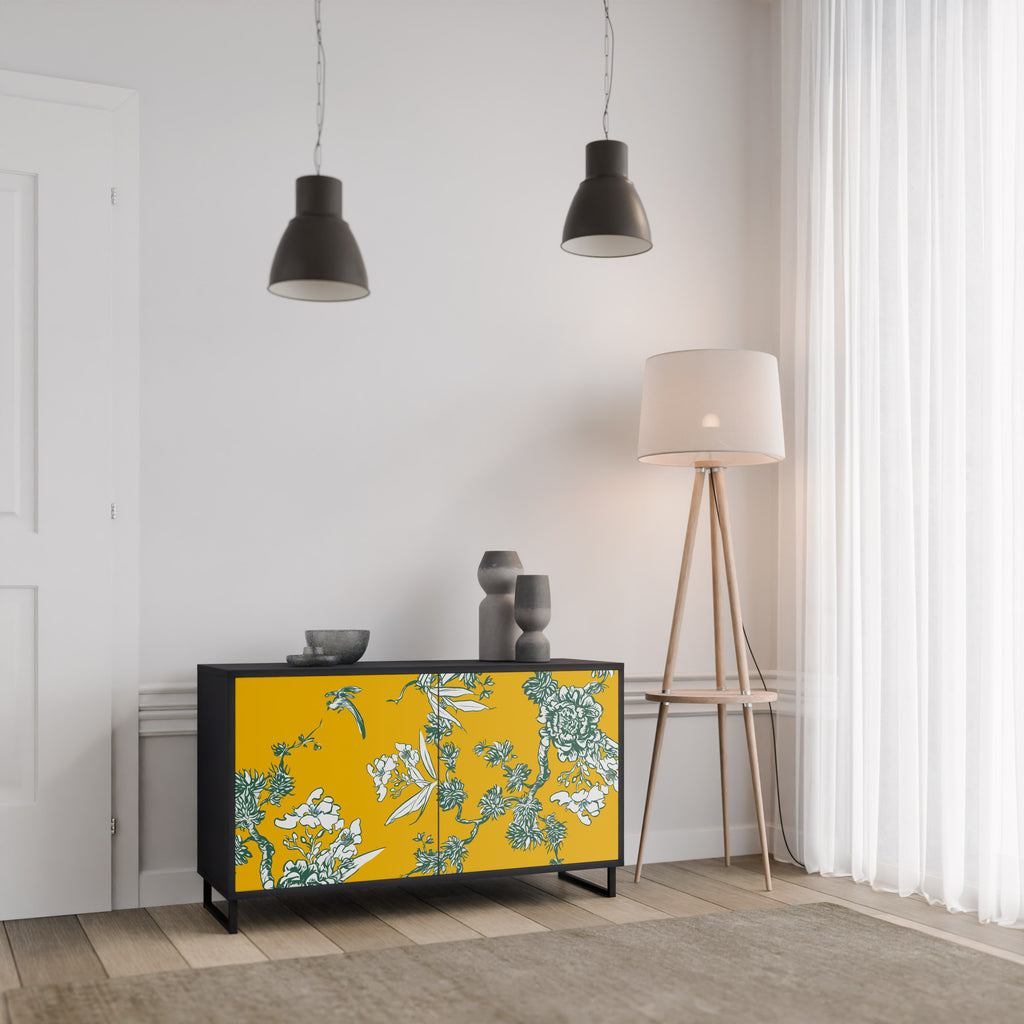 YELLOW CHINOISERIE 2-Door Sideboard in Black Finish