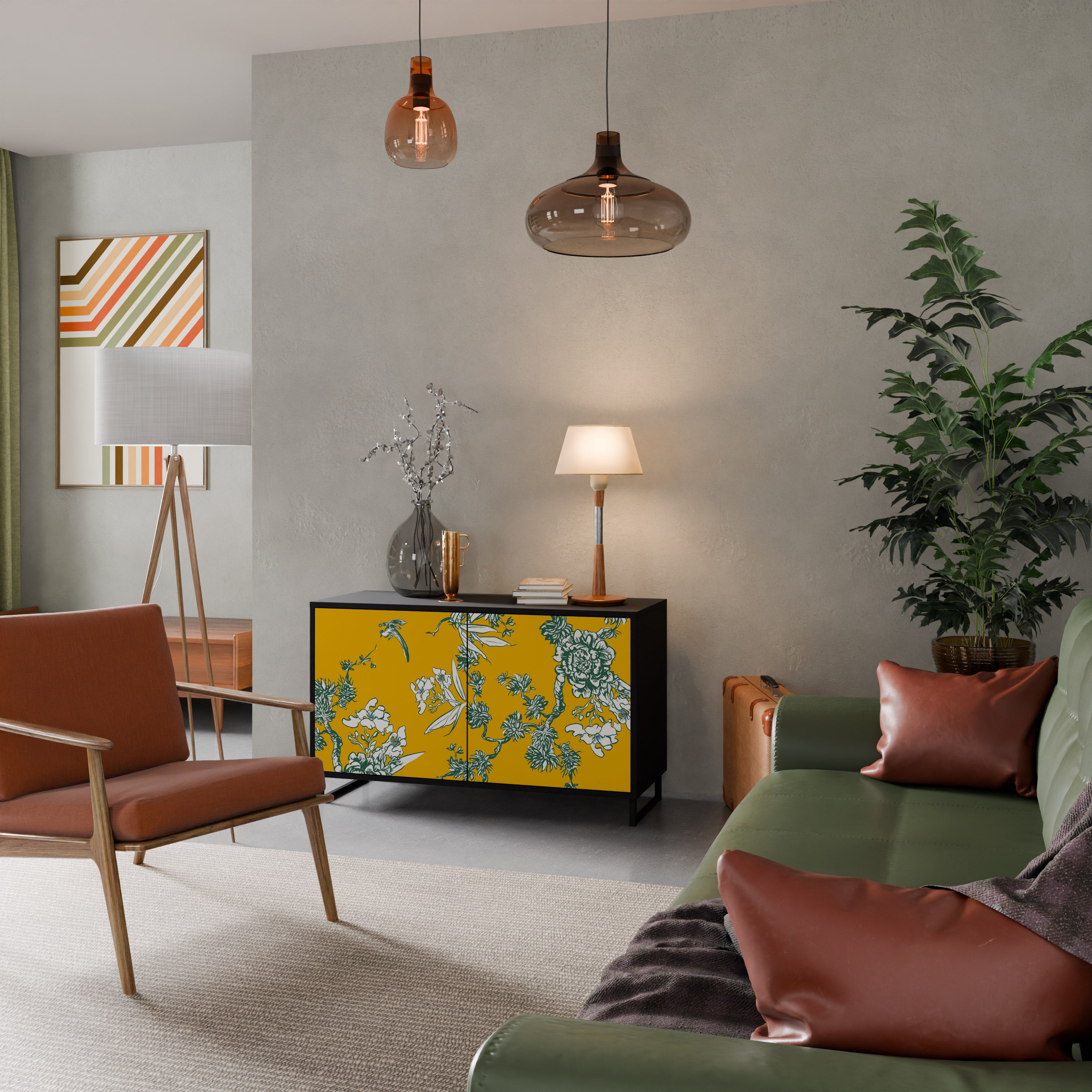 YELLOW CHINOISERIE 2-Door Sideboard in Black Finish