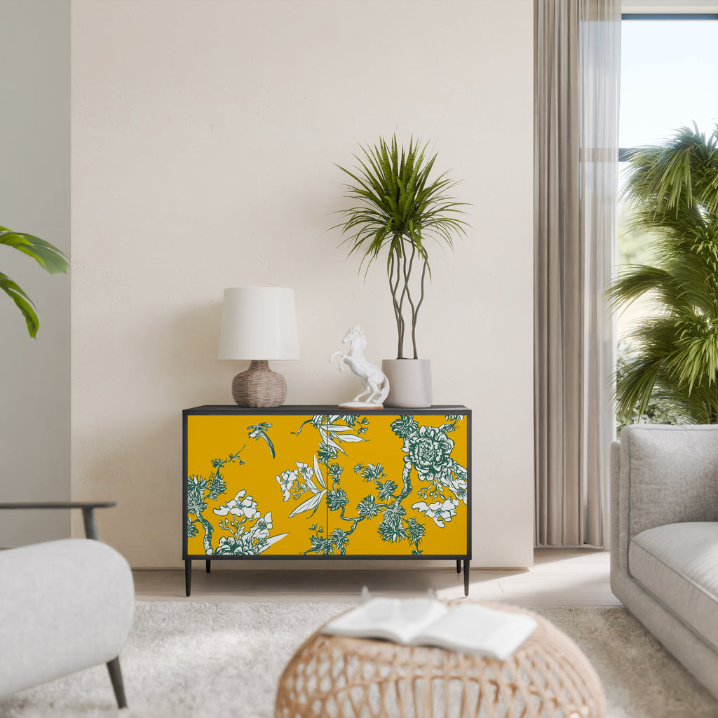 YELLOW CHINOISERIE 2-Door Sideboard in Black Finish