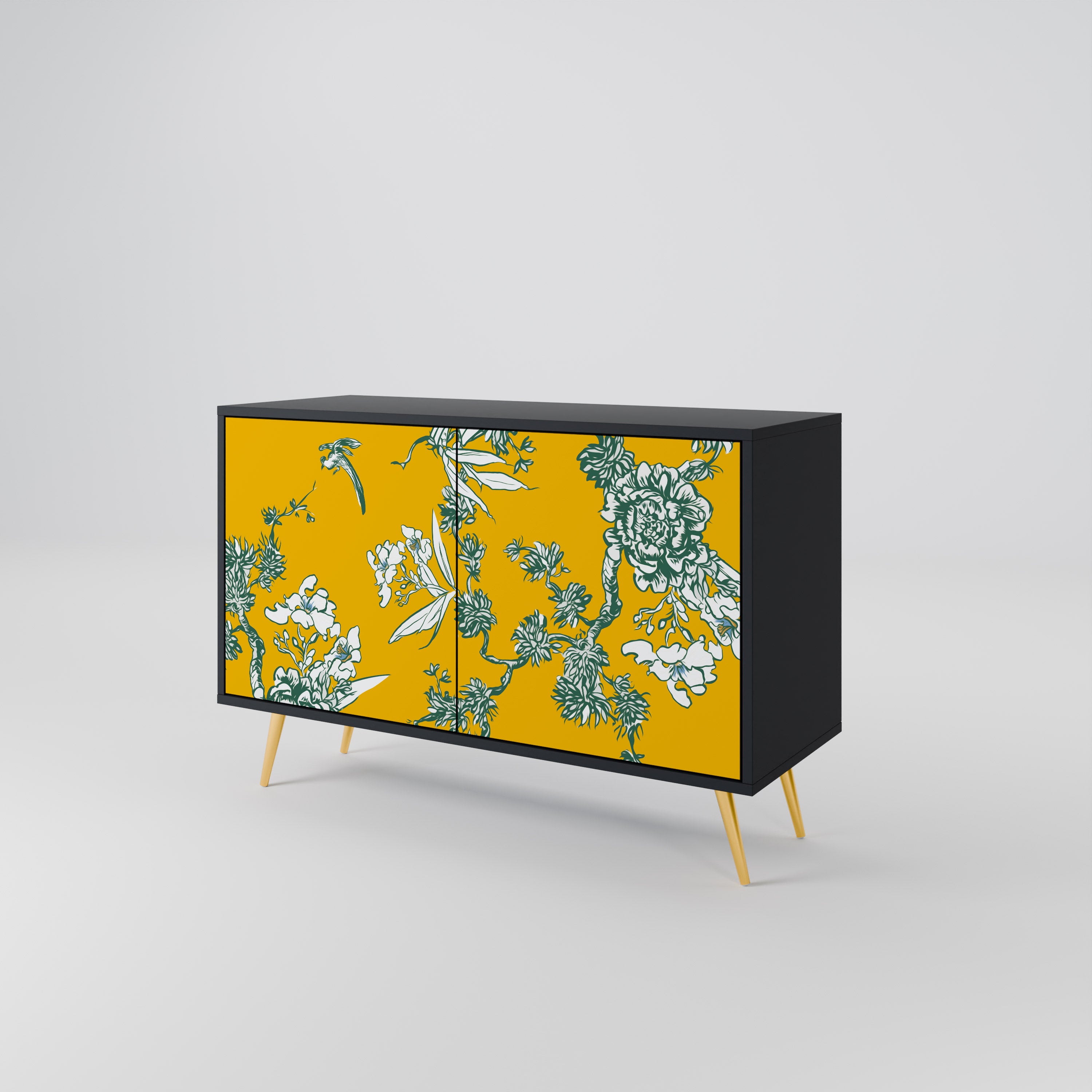 YELLOW CHINOISERIE 2-Door Sideboard in Black Finish