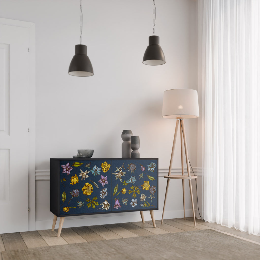 FLOWERS ON NAVY BLUE 2-Door Sideboard in Black Finish