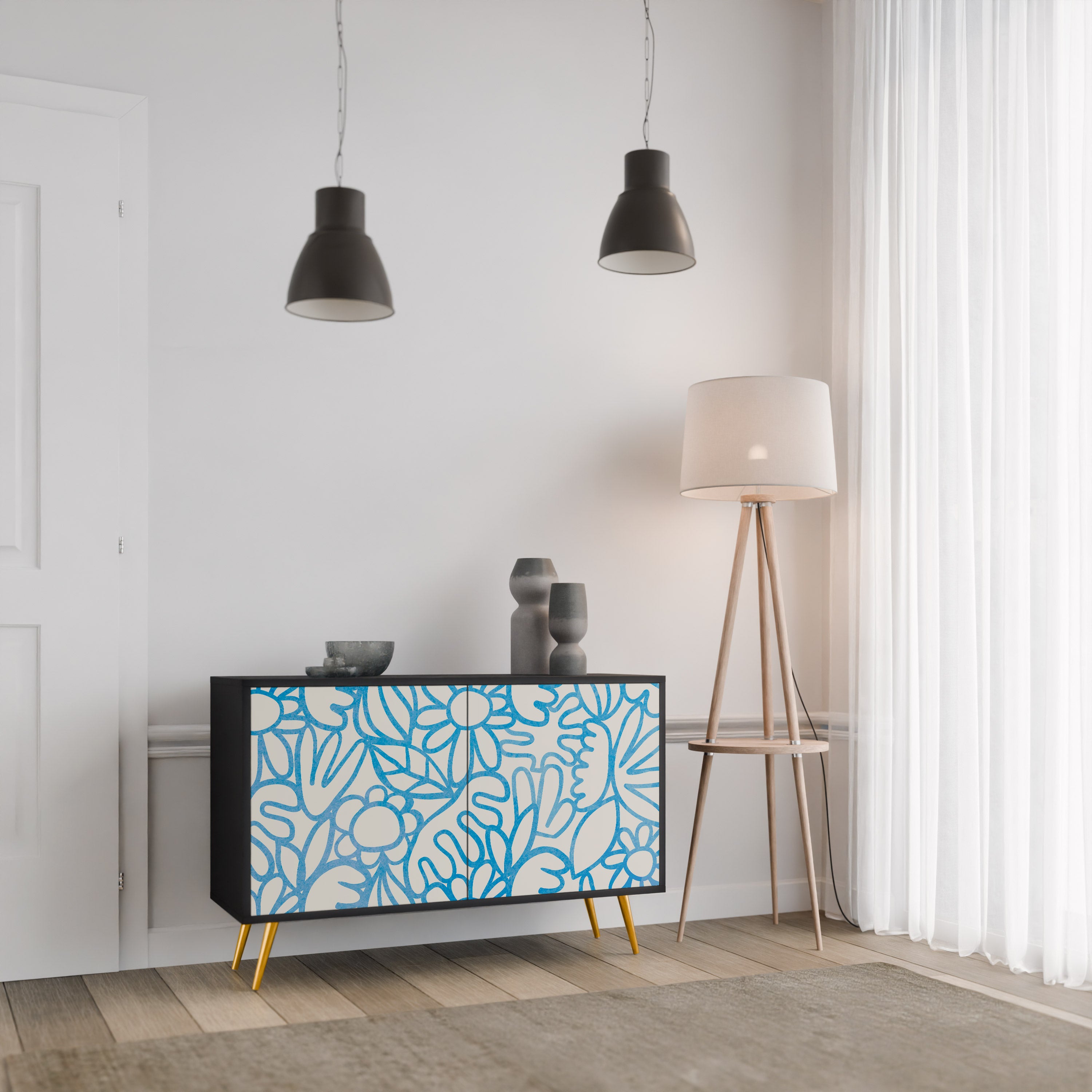 BLOOMY MORNING 2-Door Sideboard in Black Finish