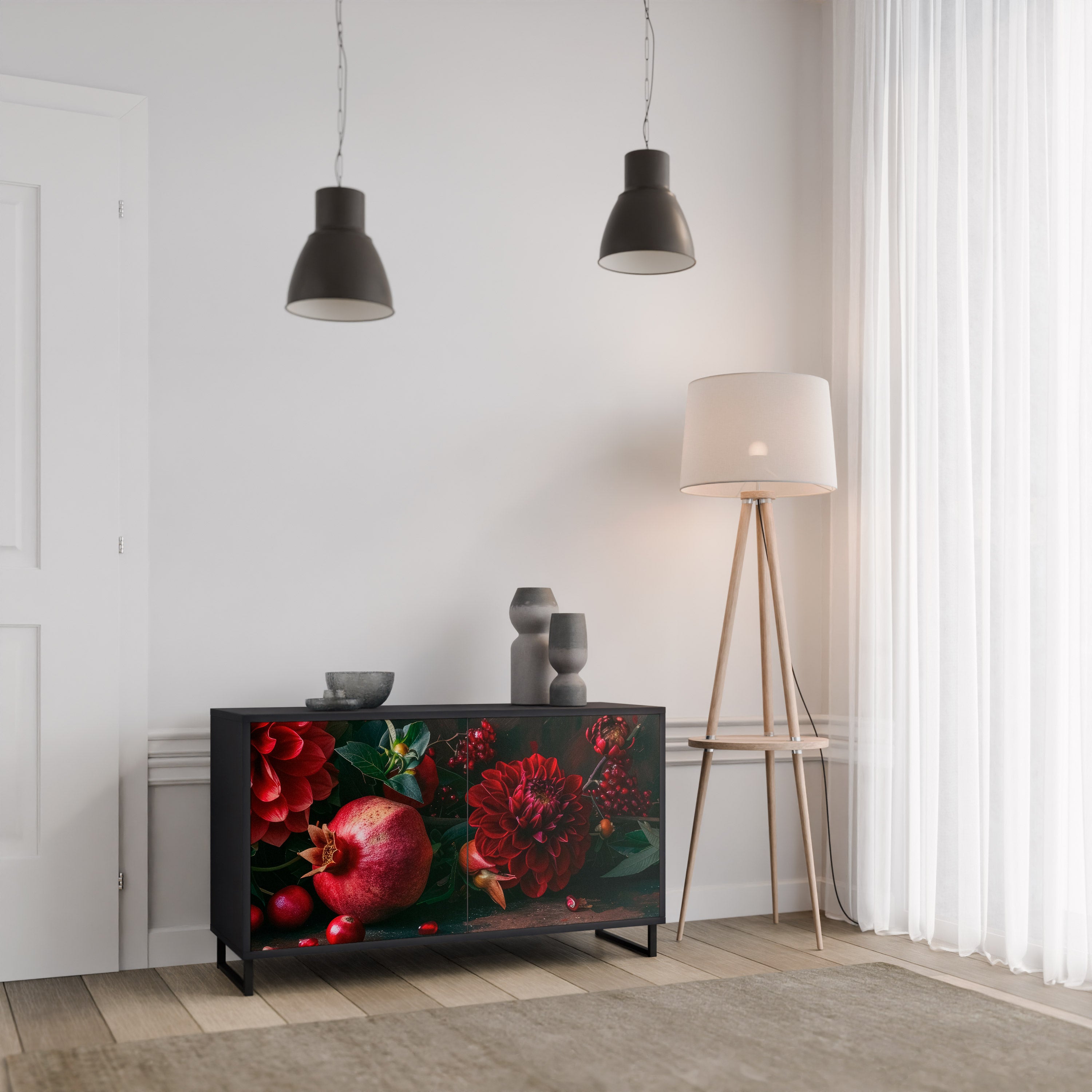 DAHLIAS AND POMEGRANATES 2-Door Sideboard in Black Finish