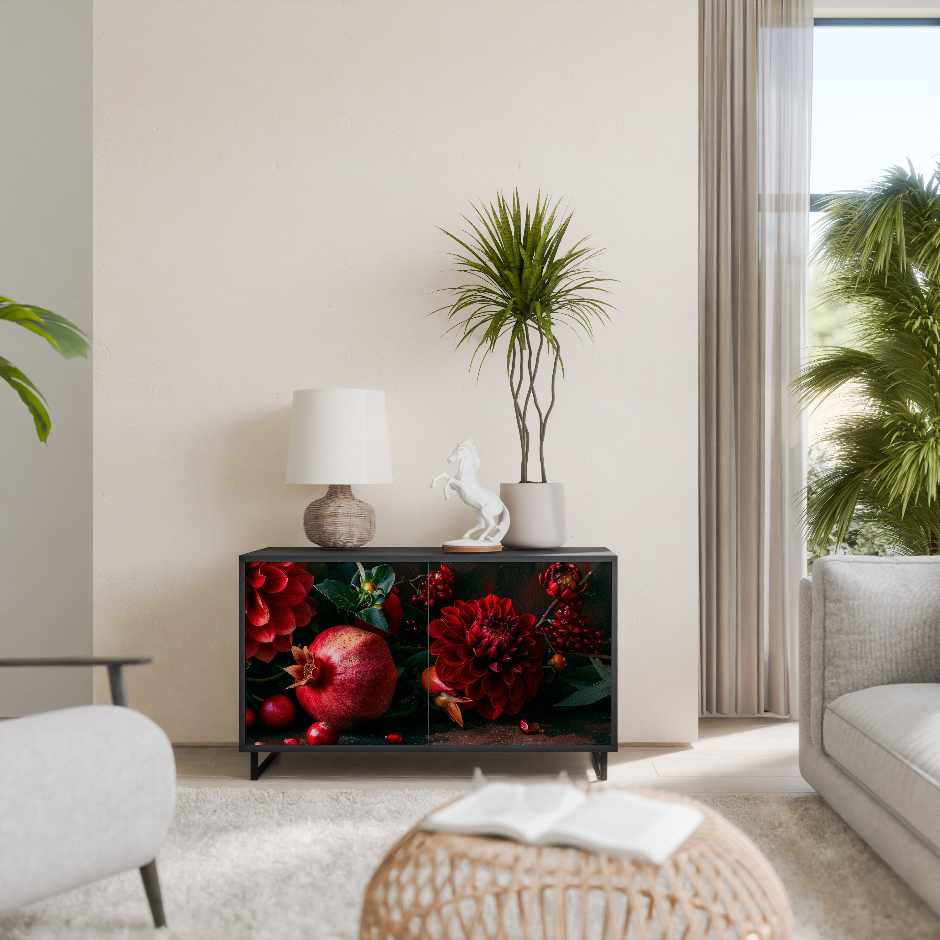 DAHLIAS AND POMEGRANATES 2-Door Sideboard in Black Finish