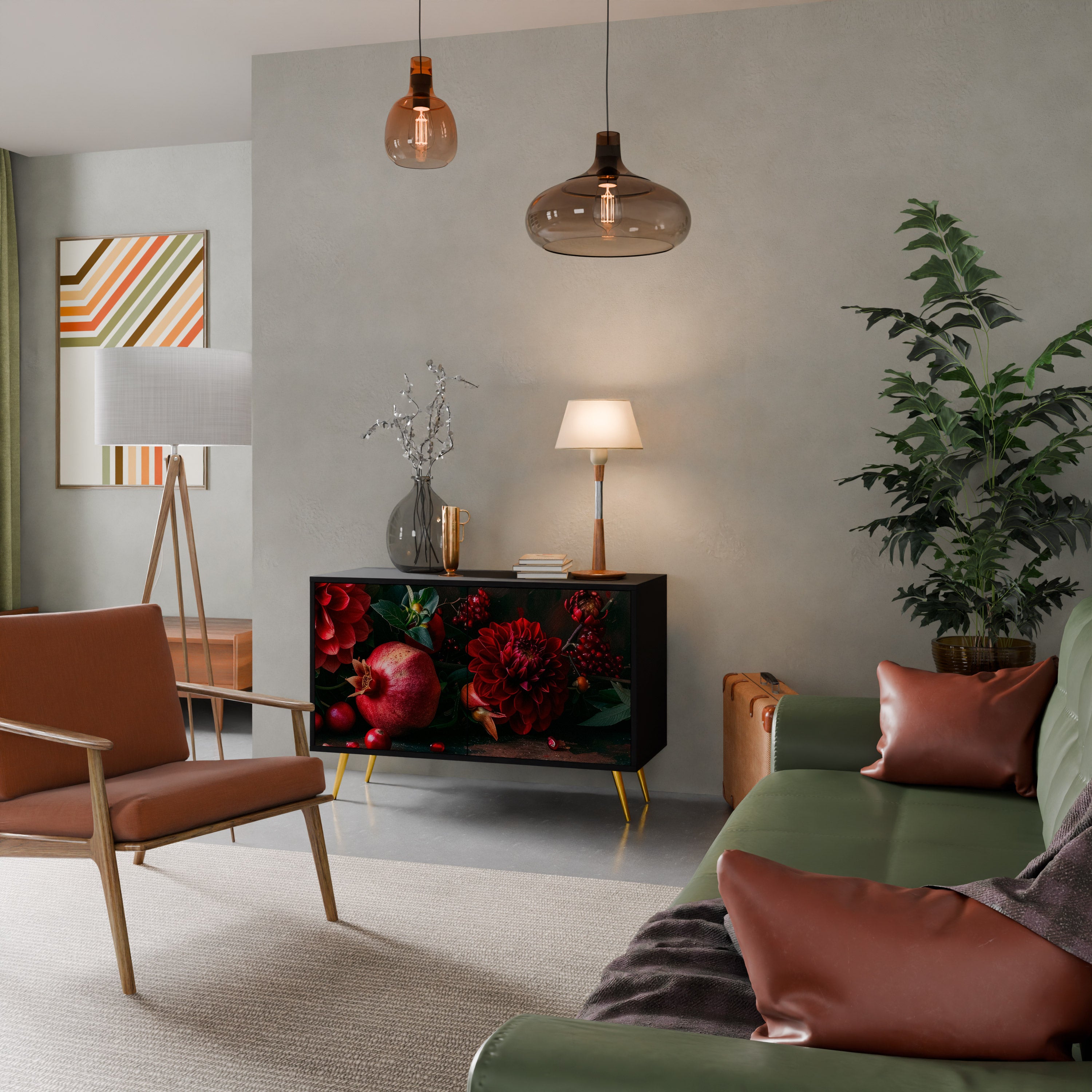 DAHLIAS AND POMEGRANATES 2-Door Sideboard in Black Finish