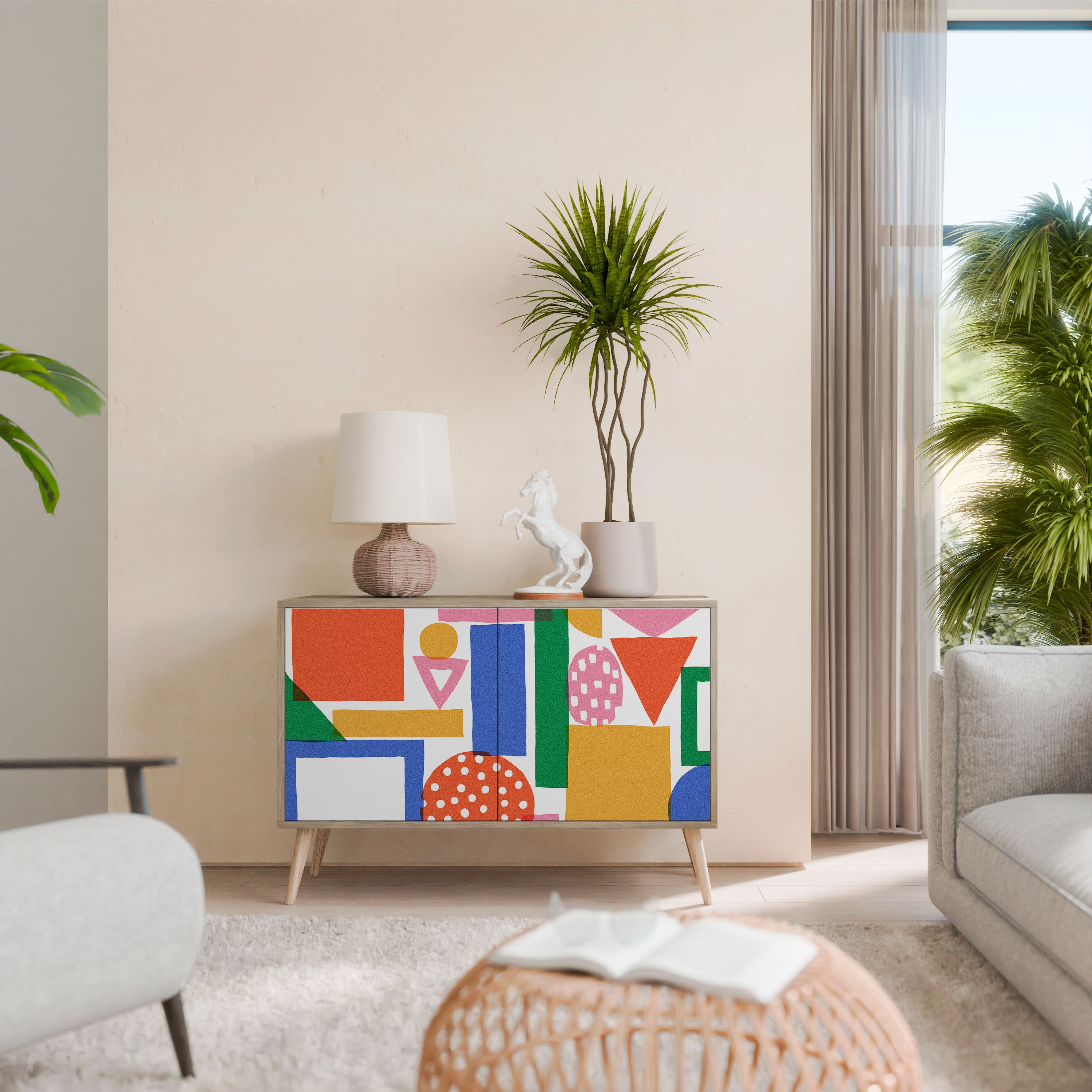 Aparador GEOMETRIC GLIMMER de 2 puertas con efecto roble