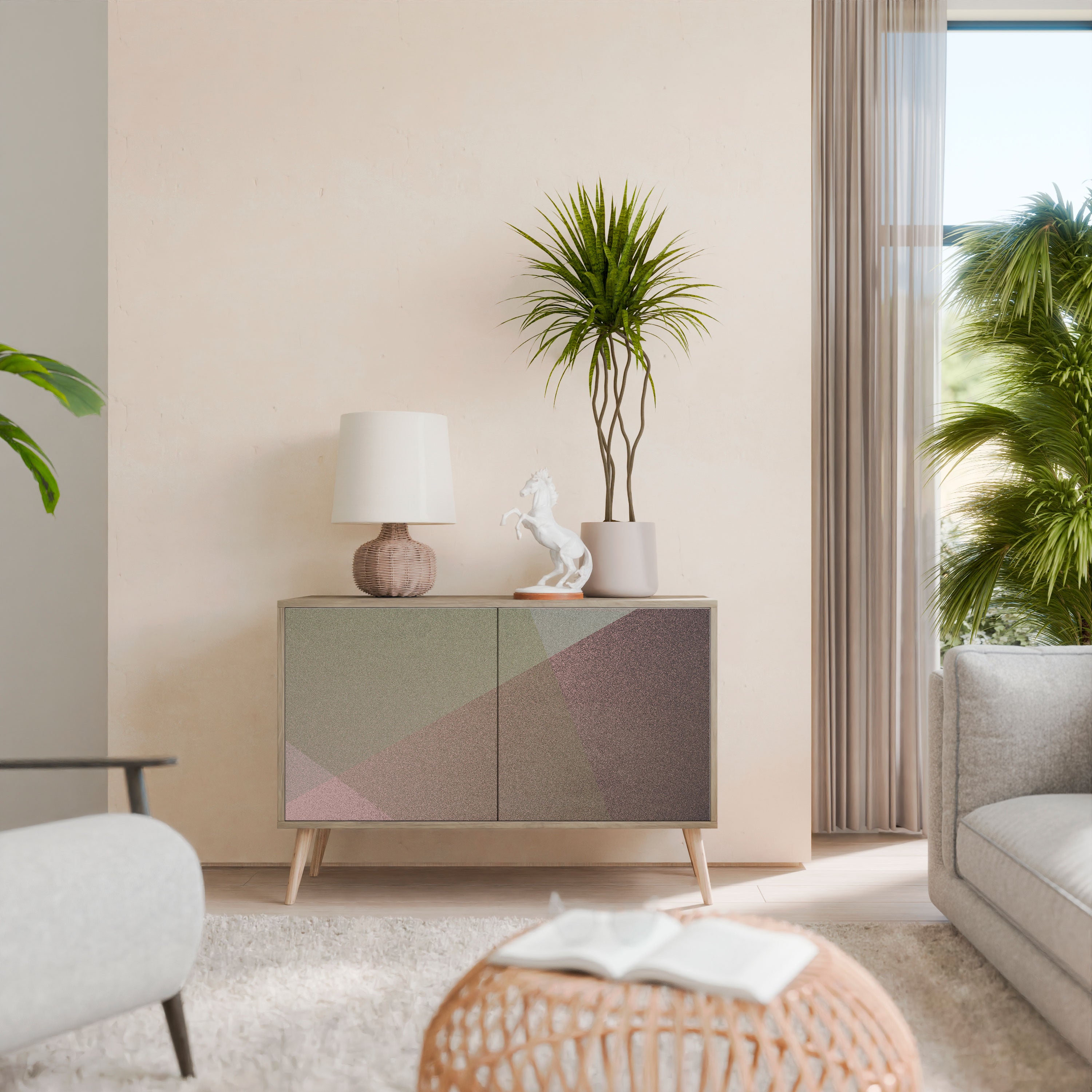 BEIGE GEOMETRY 2-Door Sideboard in Oak Effect