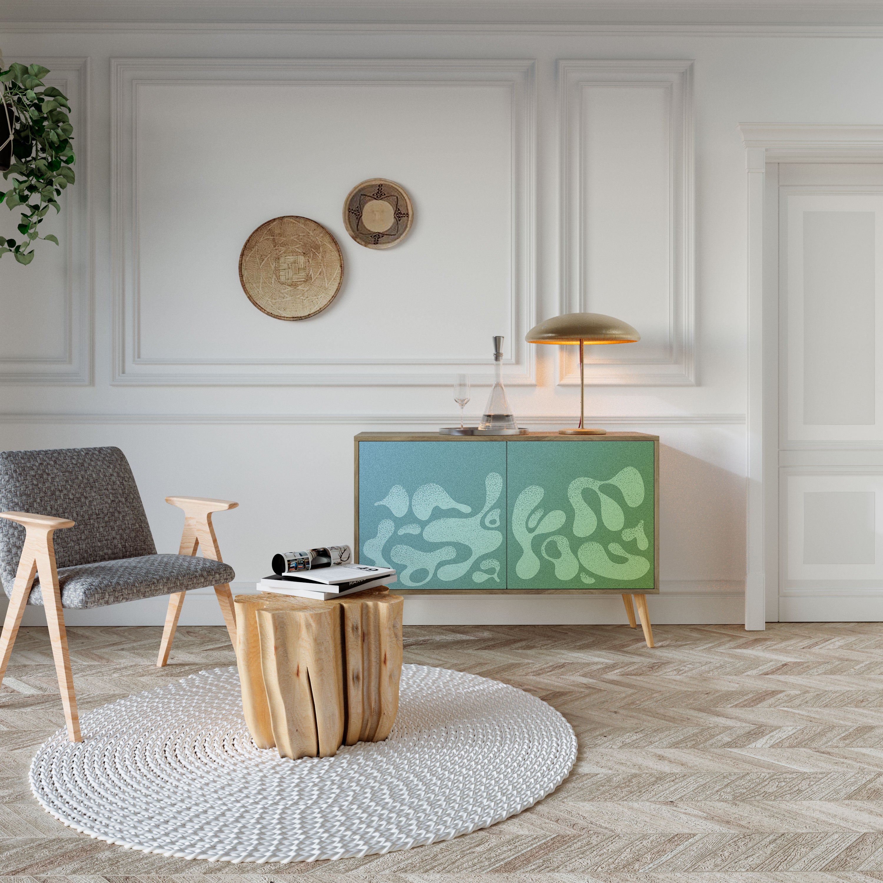 IRREGULAR BLUE 2-Door Sideboard in Oak Effect