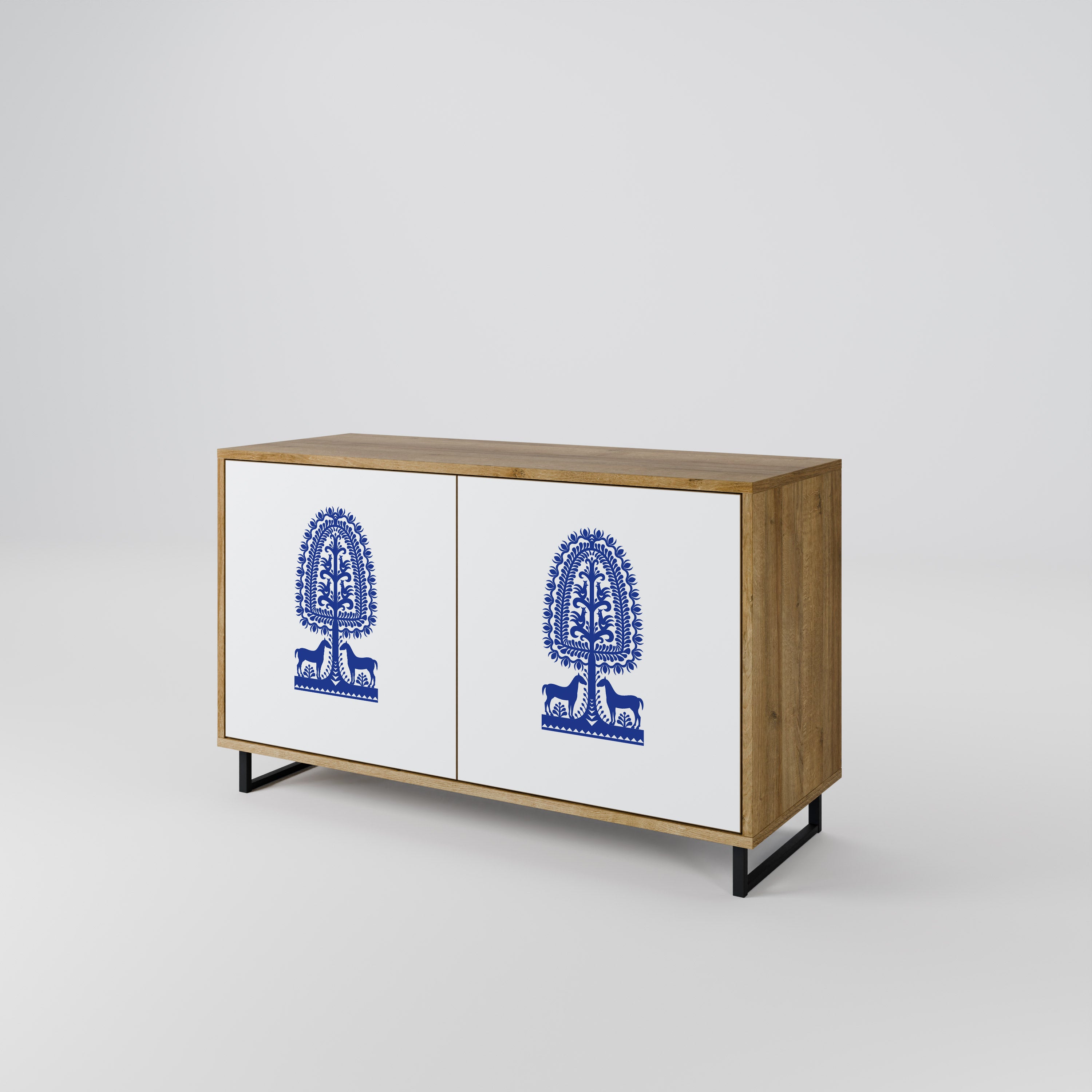 Aparador de dos puertas de arte popular polaco con efecto roble