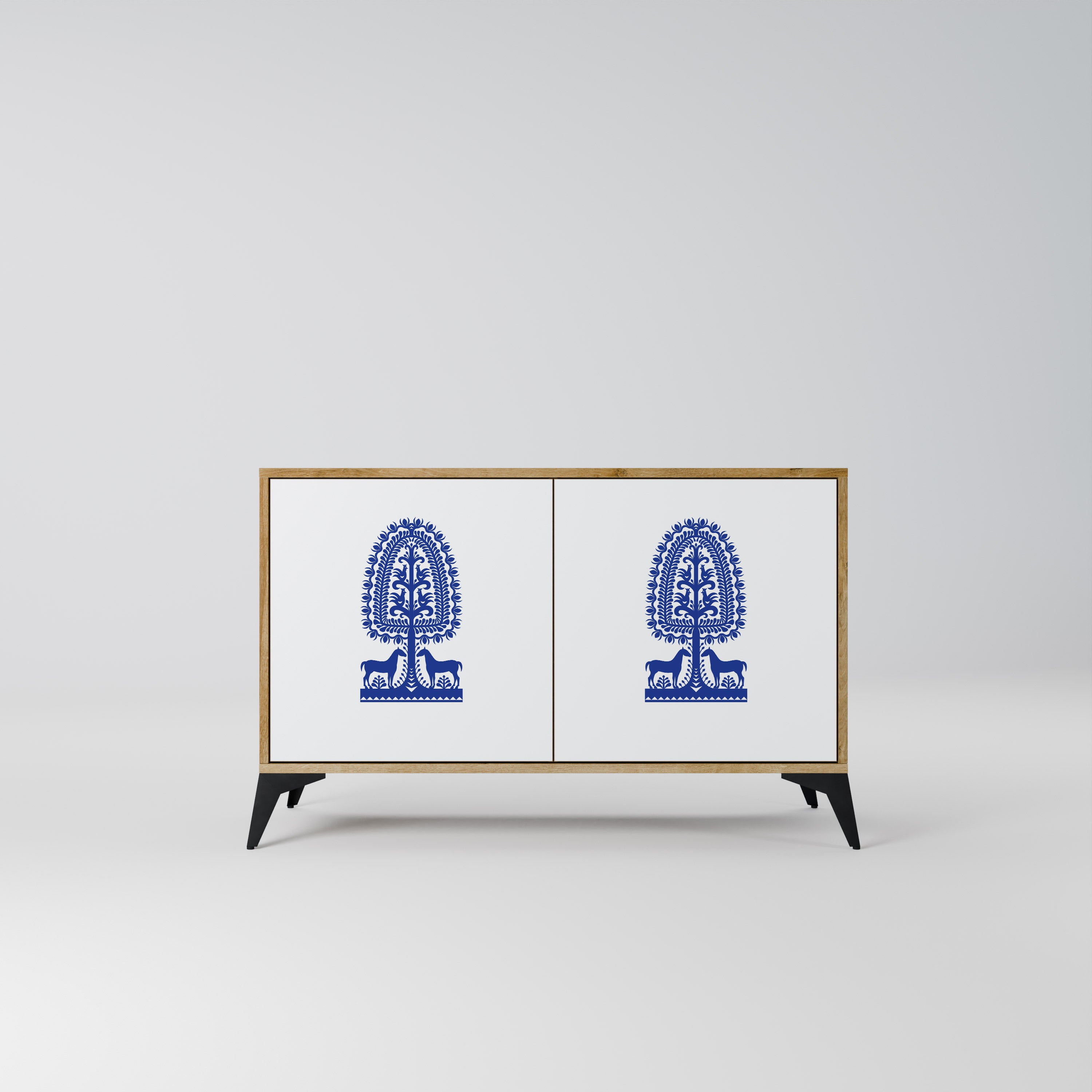 Aparador de dos puertas de arte popular polaco con efecto roble