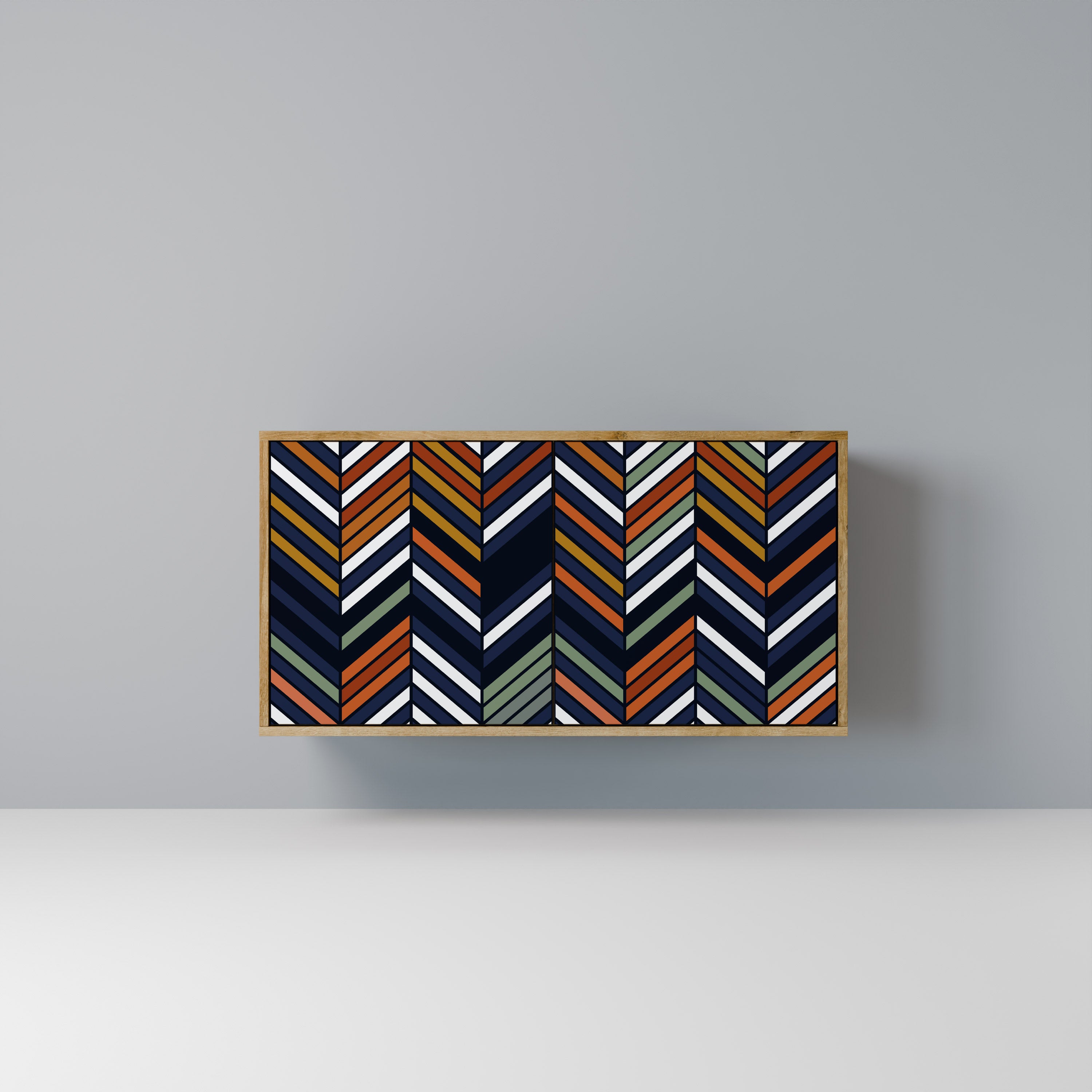 Aparador de 2 puertas con efecto roble y diseño vibrante de patchwork