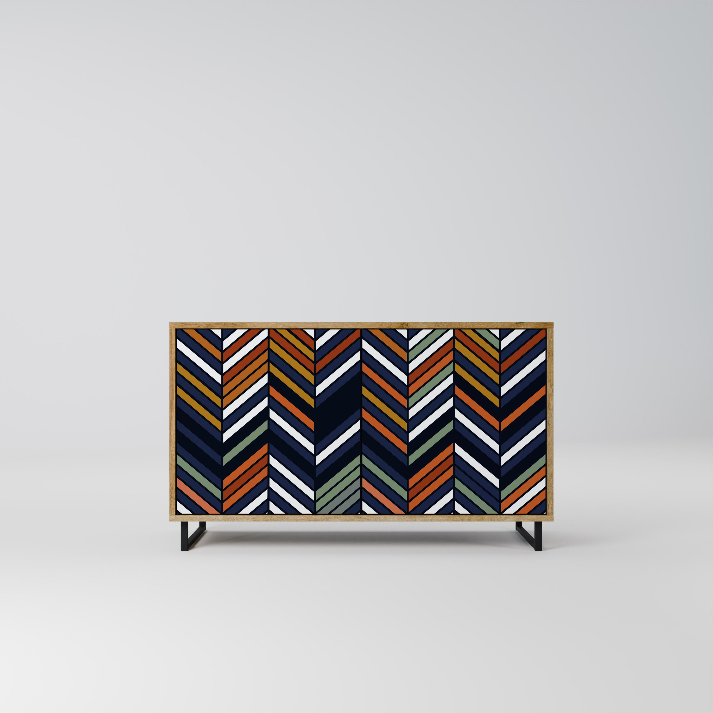 Aparador de 2 puertas con efecto roble y diseño vibrante de patchwork