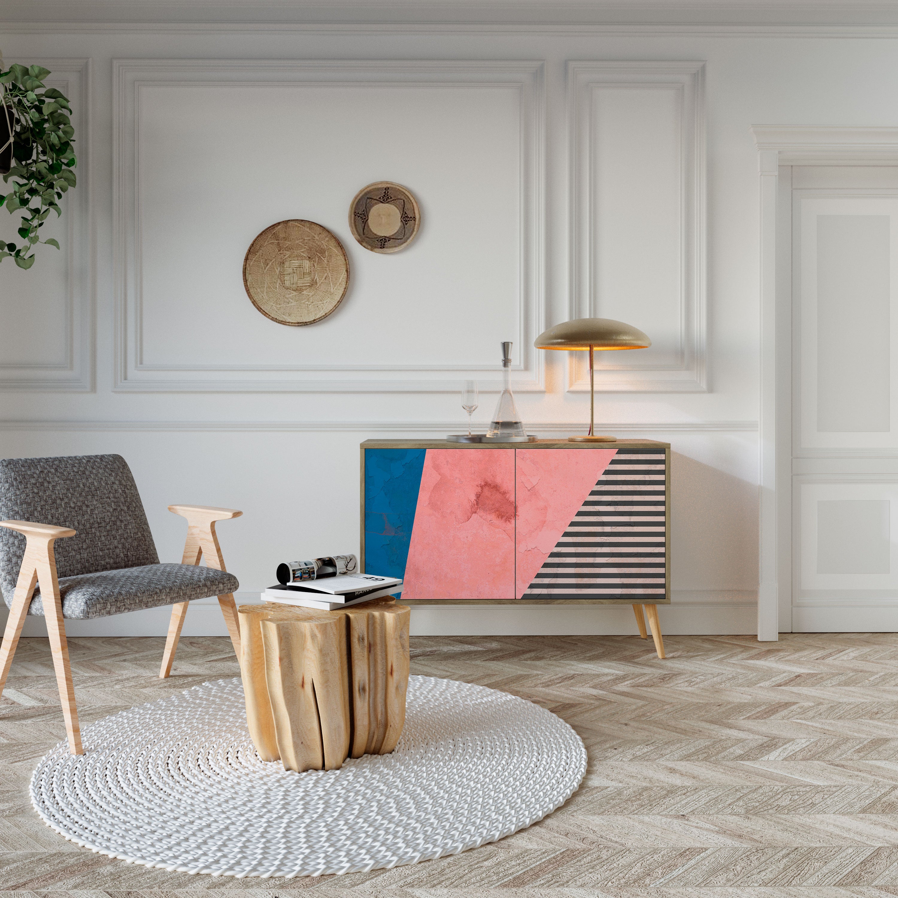 Aparador GLAMOROUS STRIPE de 2 puertas con efecto roble