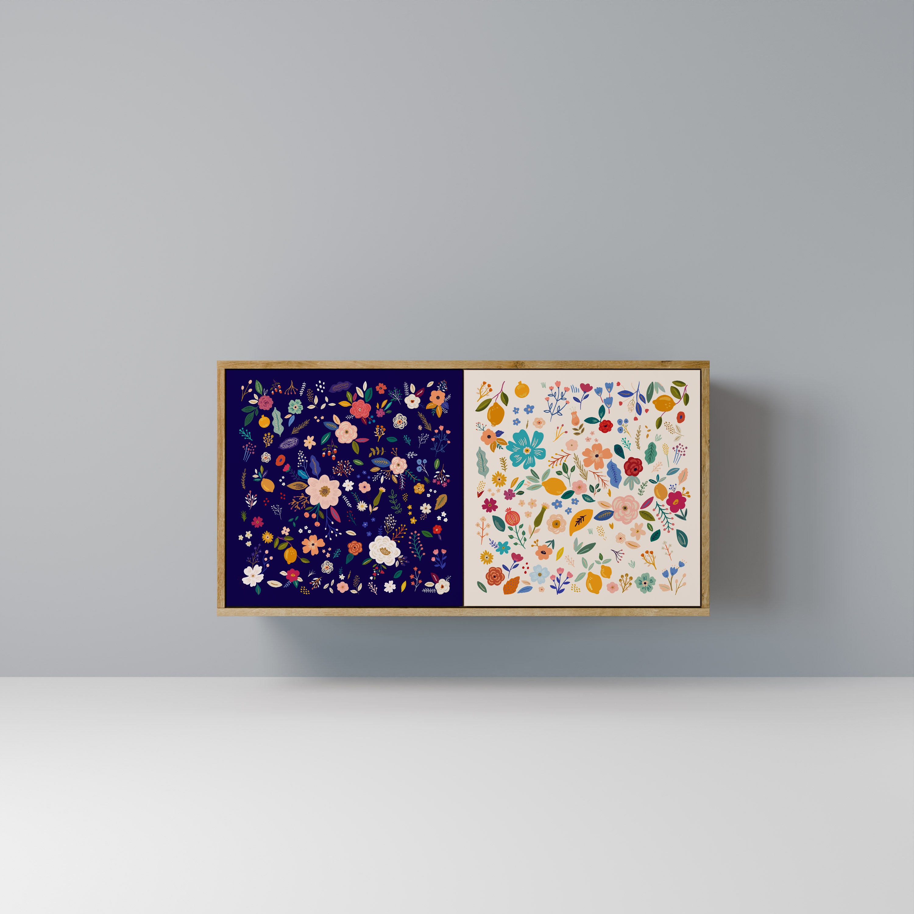 Aparador de 2 puertas con combinación floral efecto roble