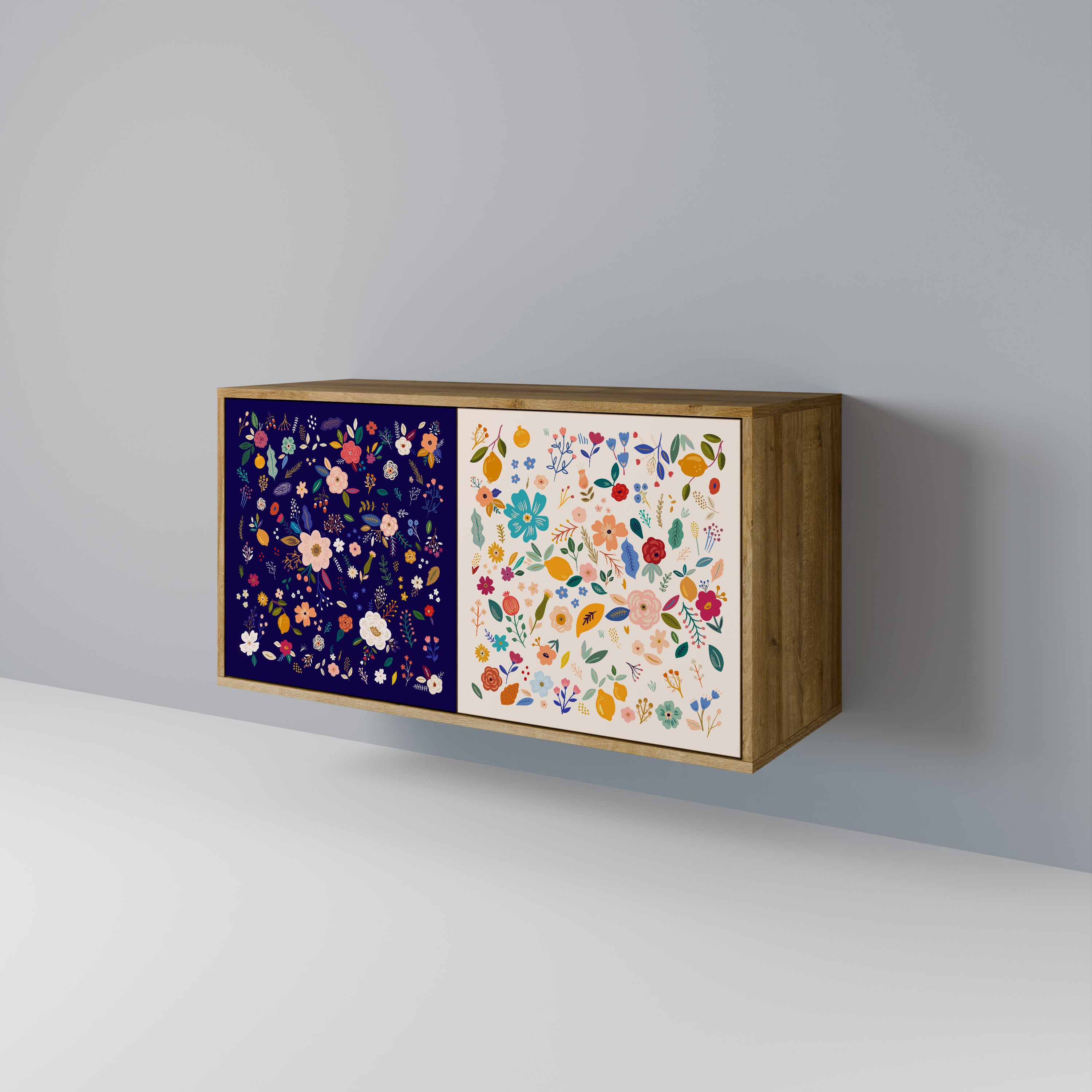 Aparador de 2 puertas con combinación floral efecto roble