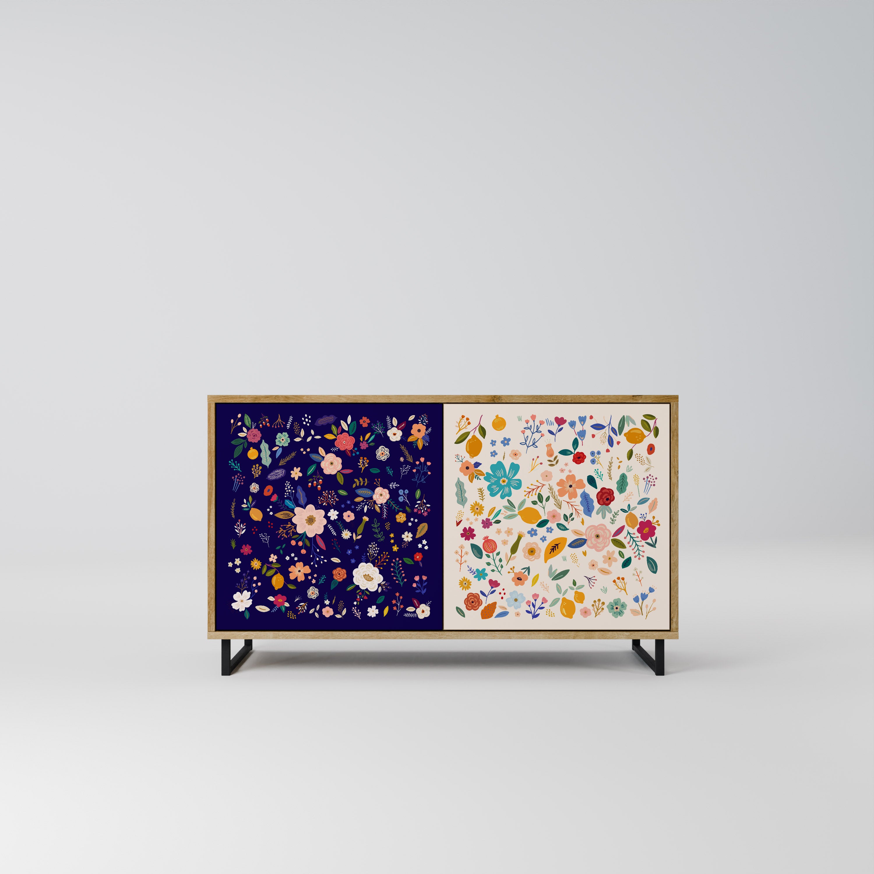 Aparador de 2 puertas con combinación floral efecto roble