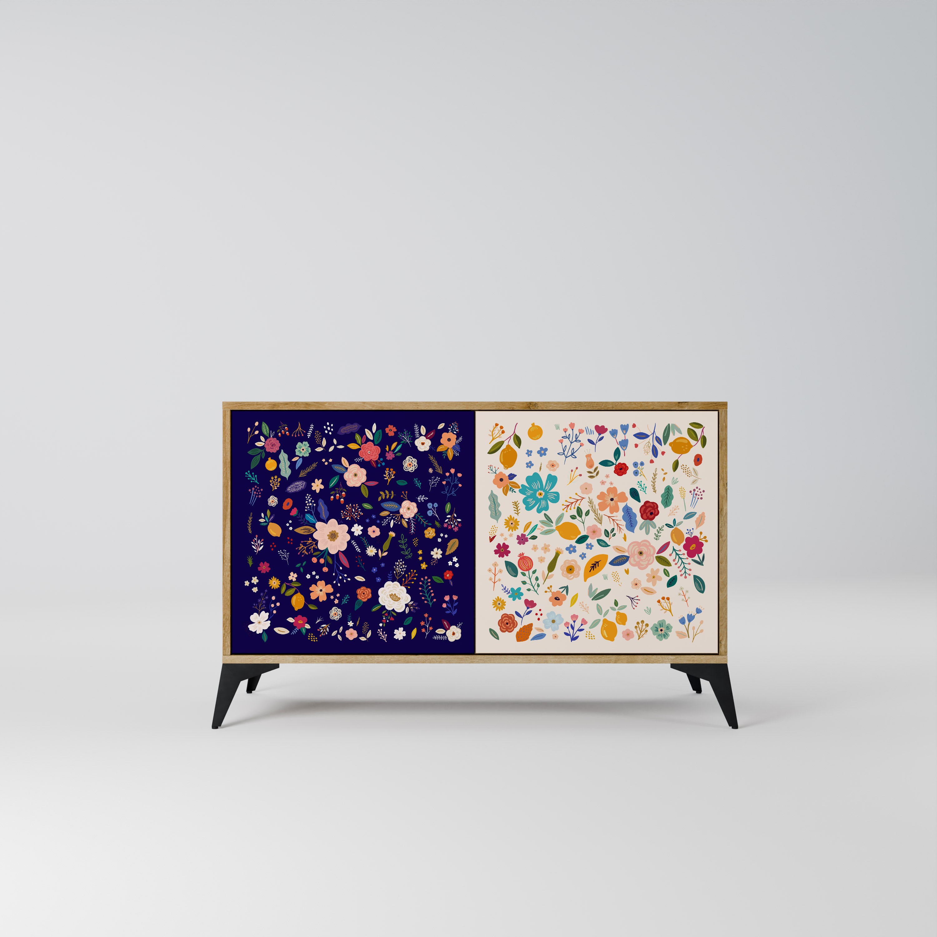 Aparador de 2 puertas con combinación floral efecto roble