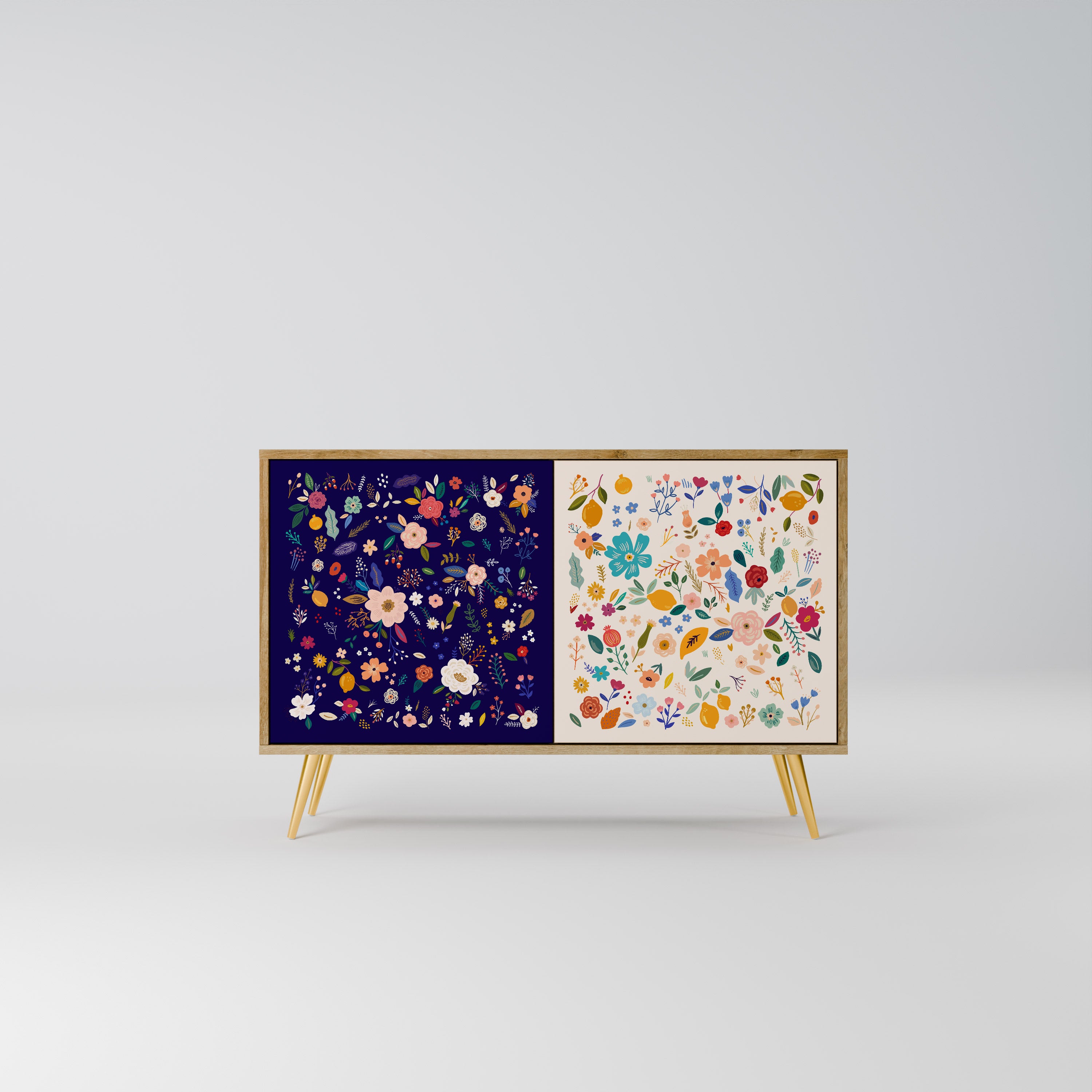 Aparador de 2 puertas con combinación floral efecto roble