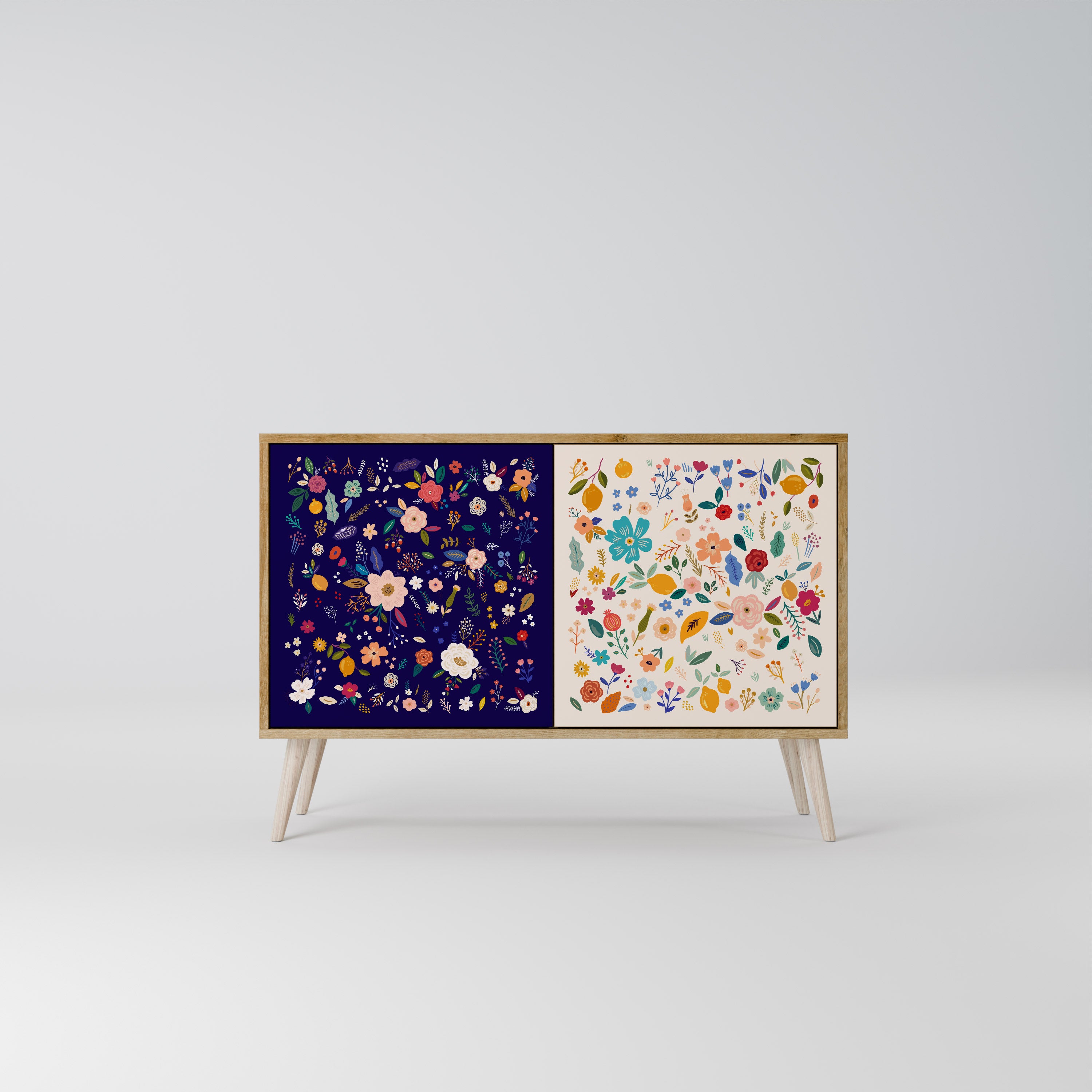 Aparador de 2 puertas con combinación floral efecto roble