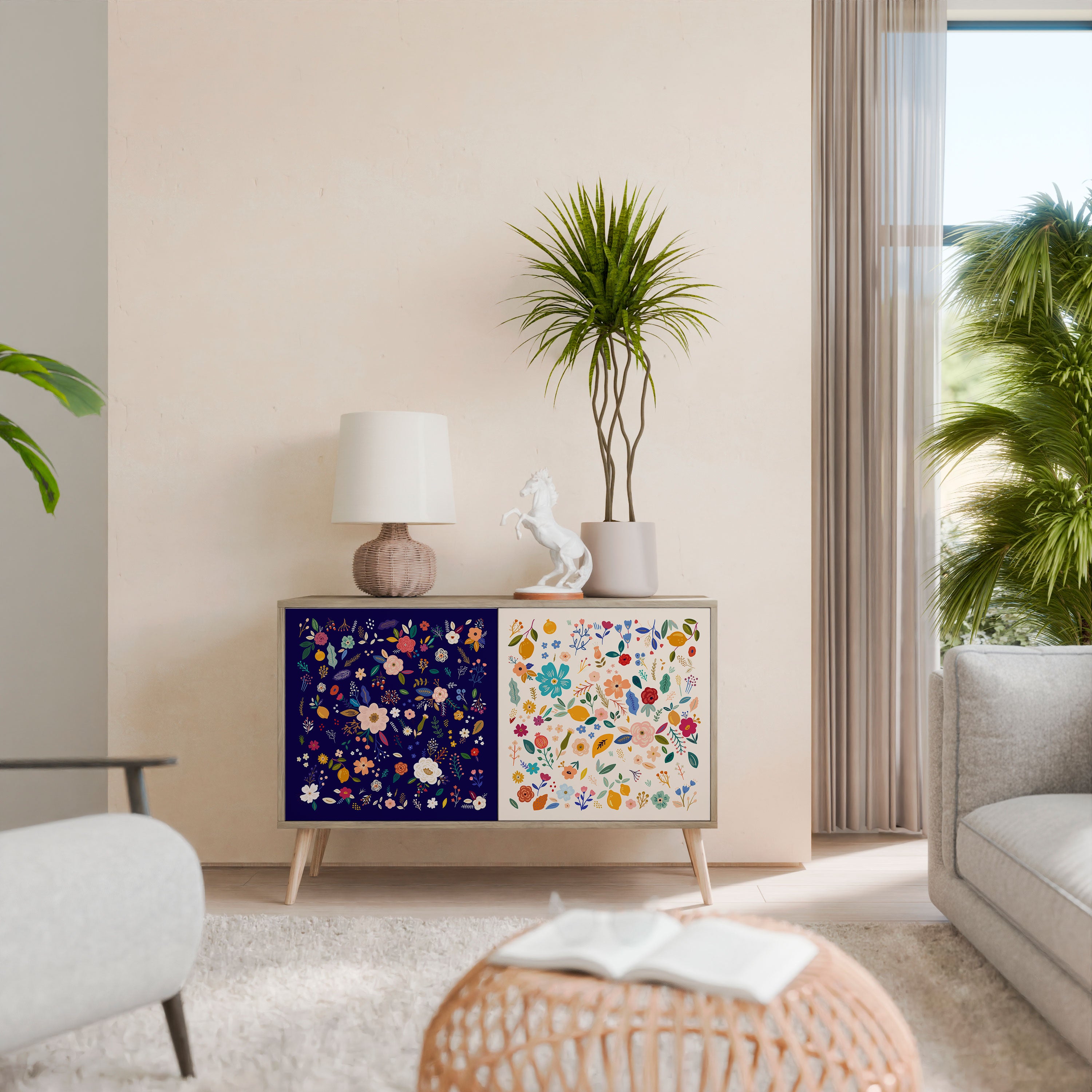 Aparador de 2 puertas con combinación floral efecto roble