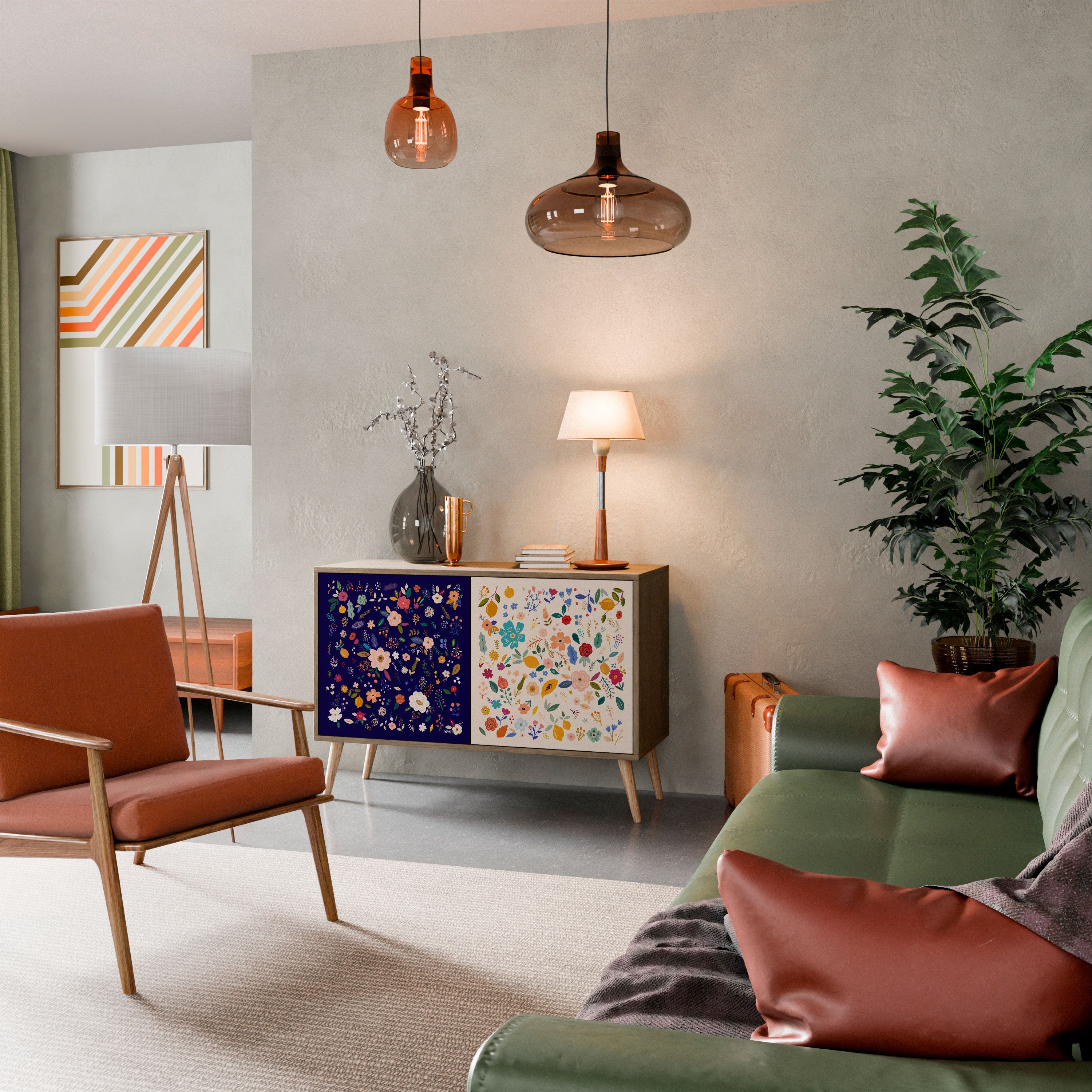 Aparador de 2 puertas con combinación floral efecto roble