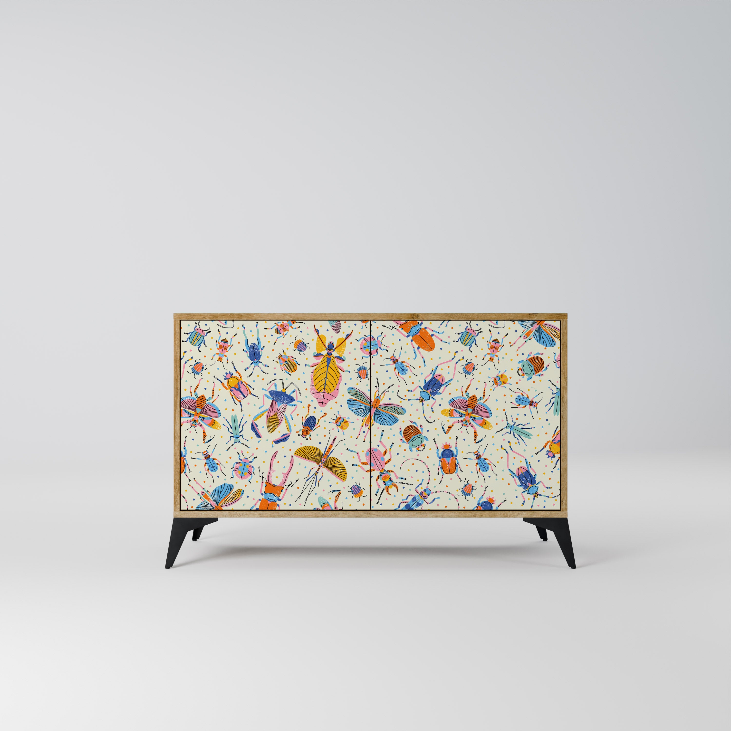 Aparador de 2 puertas COLORFUL INSECTS en efecto roble