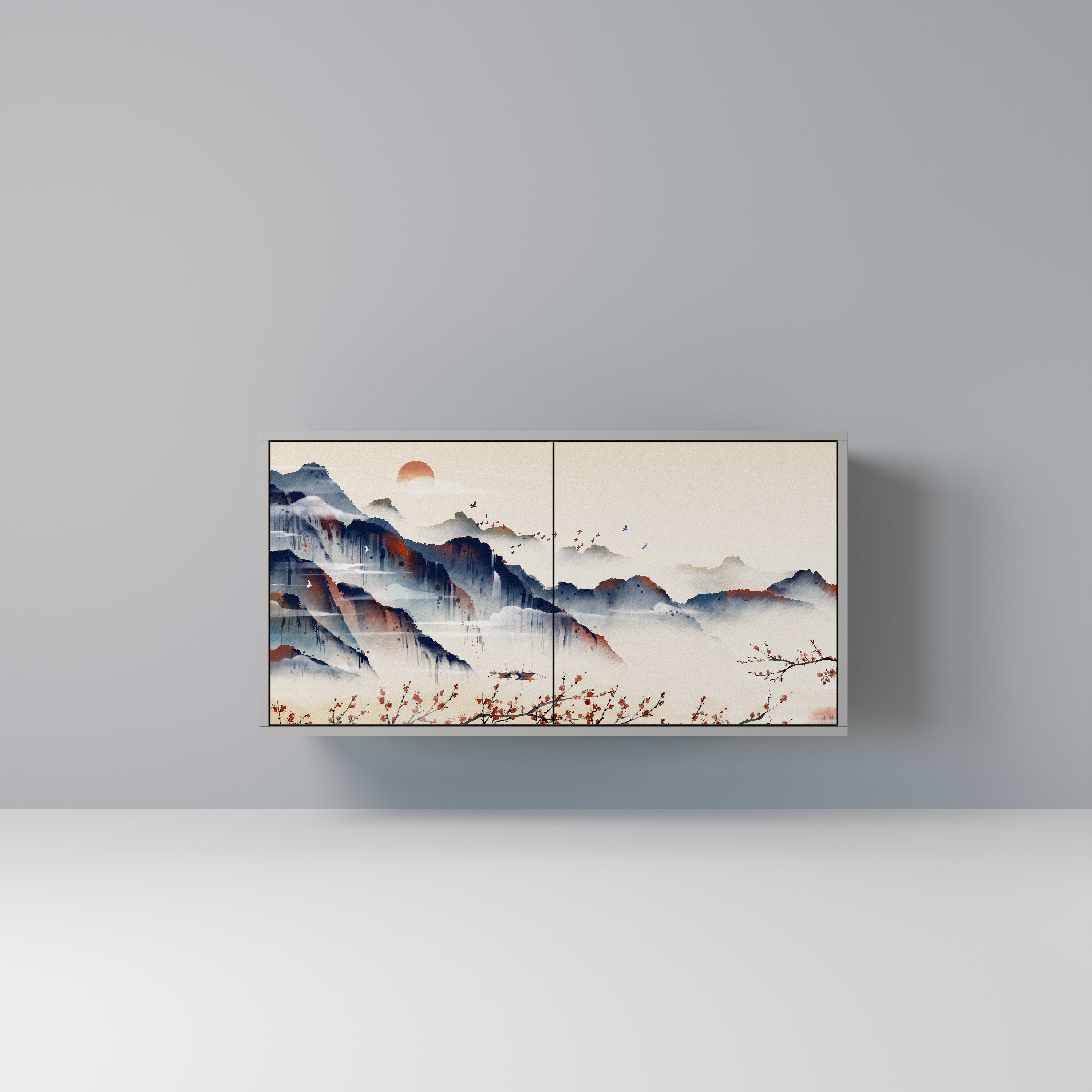 Aparador de 2 puertas con diseño de paisaje japonés en acabado gris