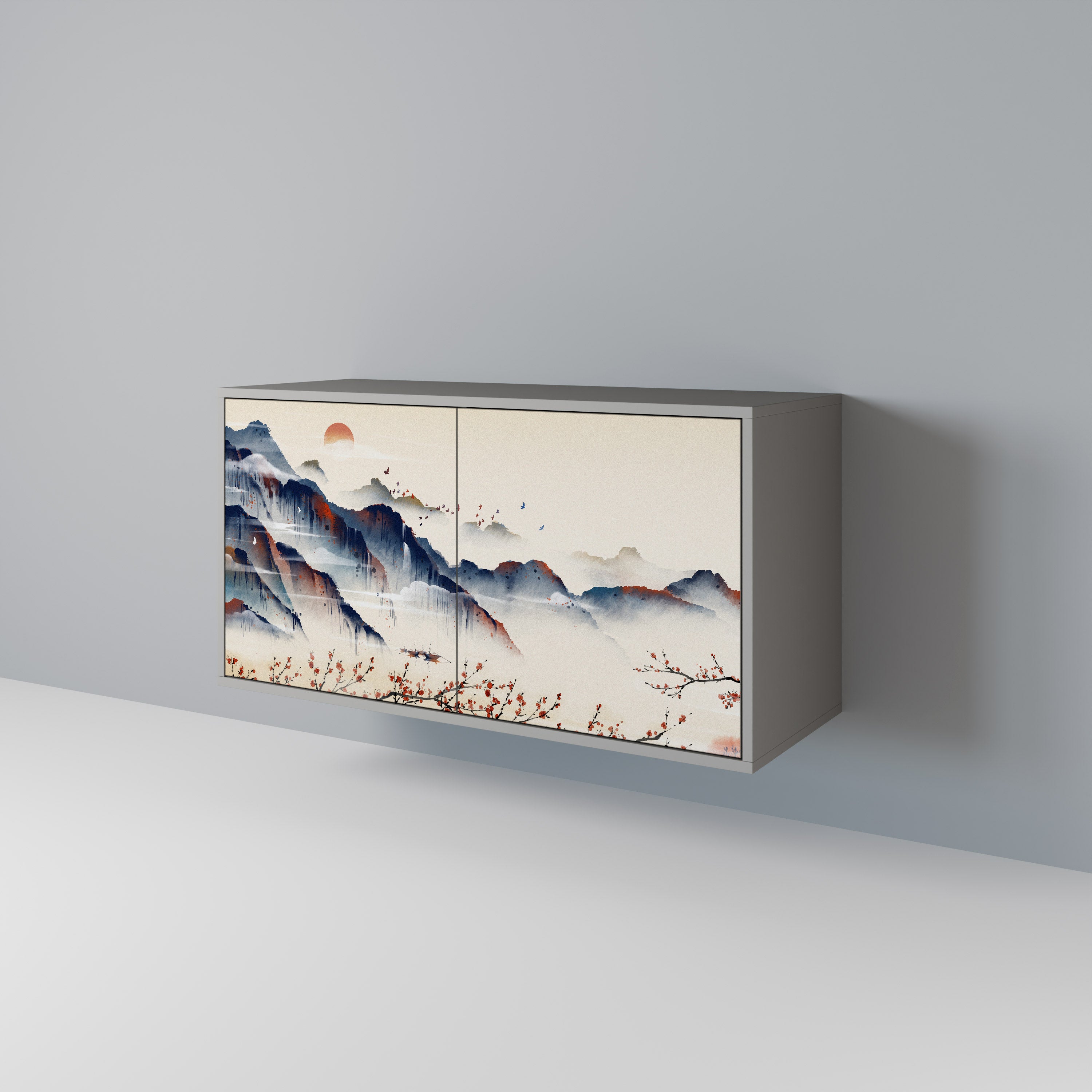 Aparador de 2 puertas con diseño de paisaje japonés en acabado gris