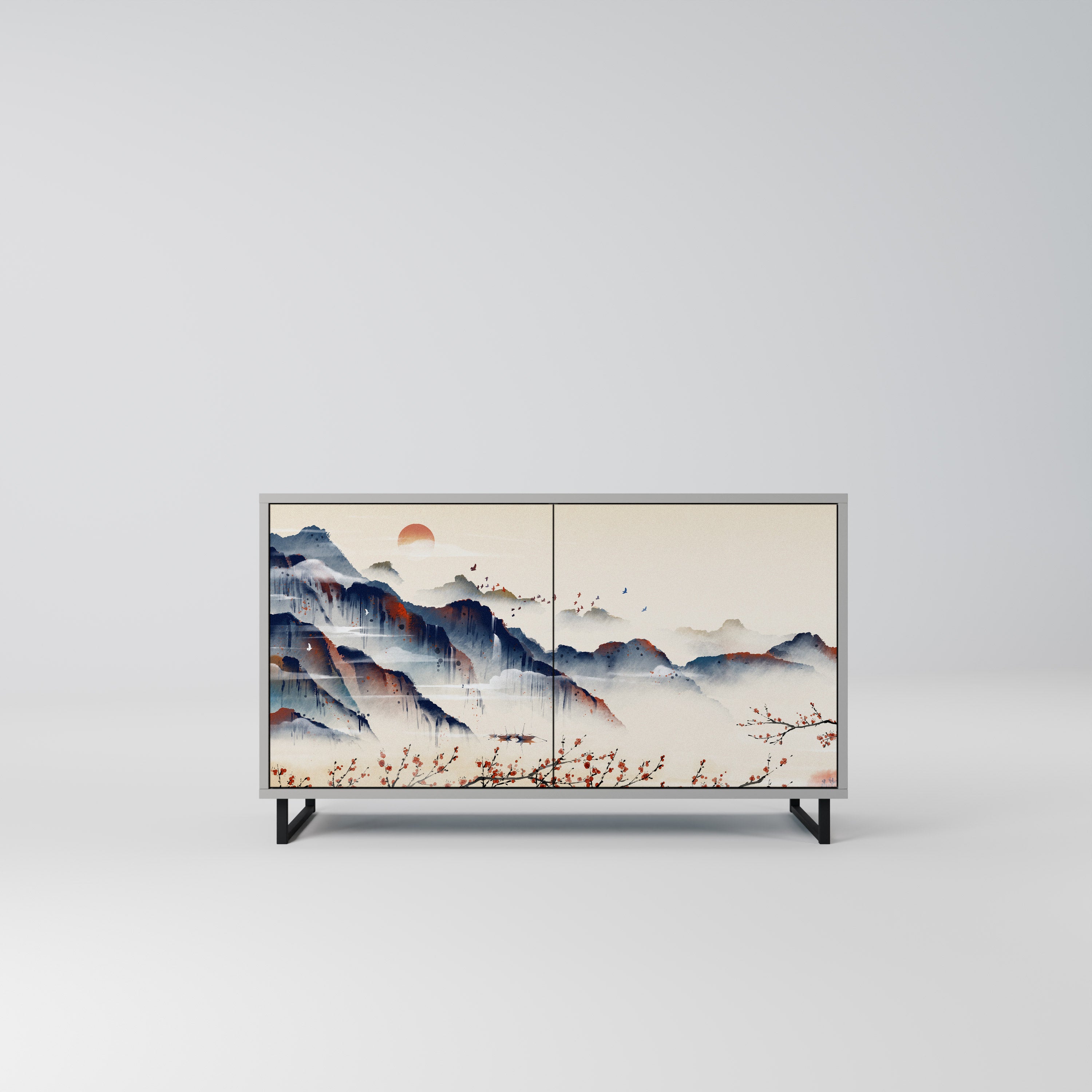 Aparador de 2 puertas con diseño de paisaje japonés en acabado gris