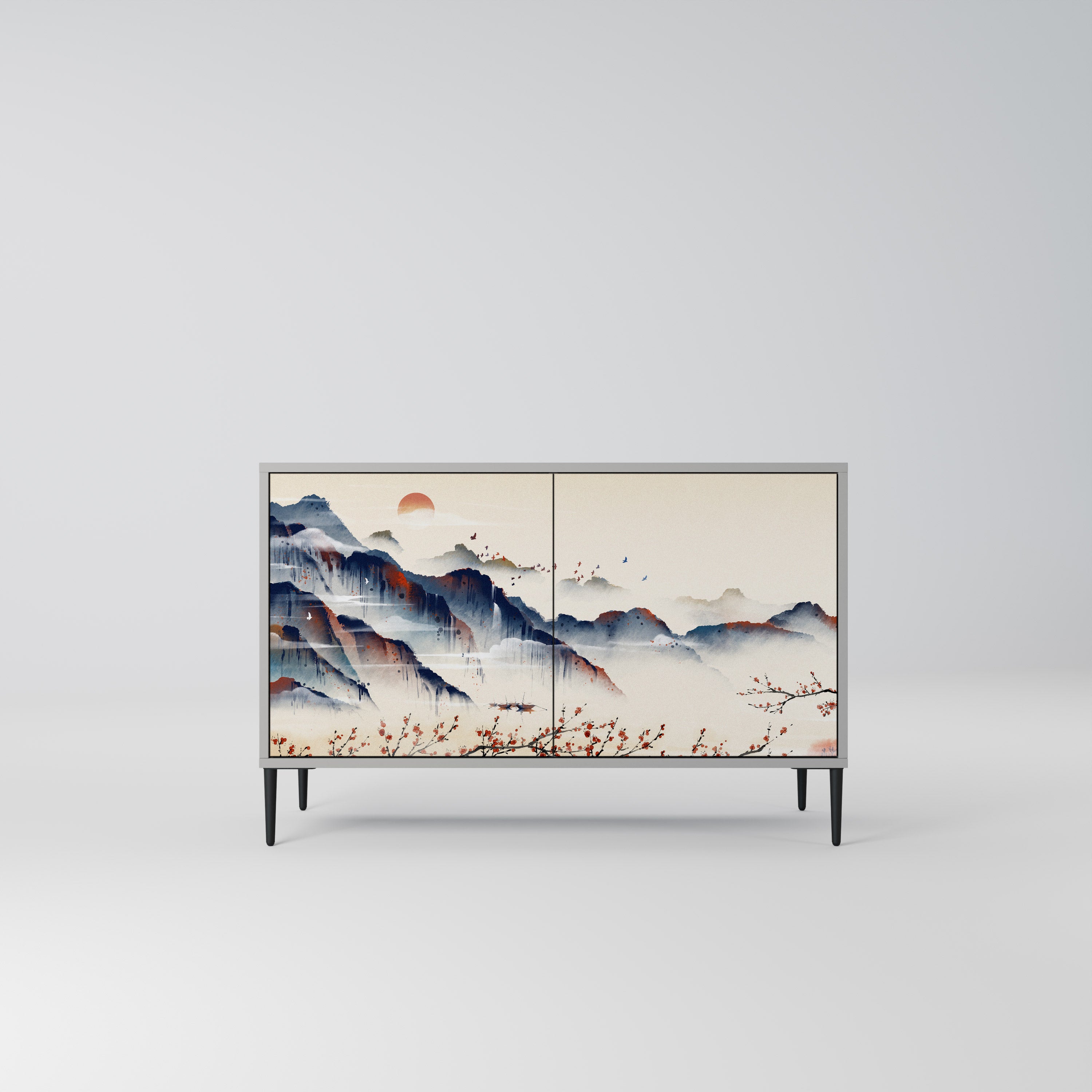 Aparador de 2 puertas con diseño de paisaje japonés en acabado gris