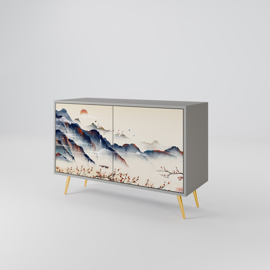 Aparador de 2 puertas con diseño de paisaje japonés en acabado gris