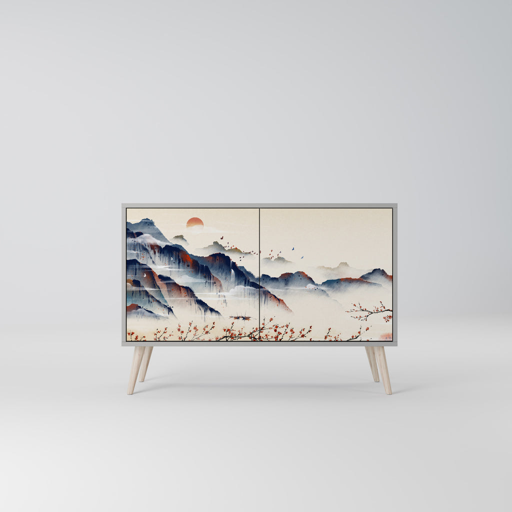 Aparador de 2 puertas con diseño de paisaje japonés en acabado gris