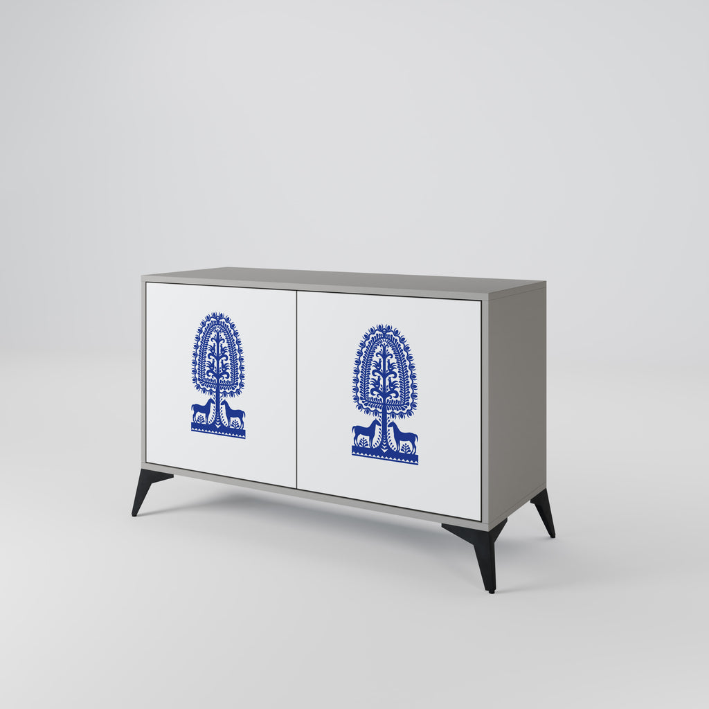 Aparador de 2 puertas de arte popular polaco con acabado gris