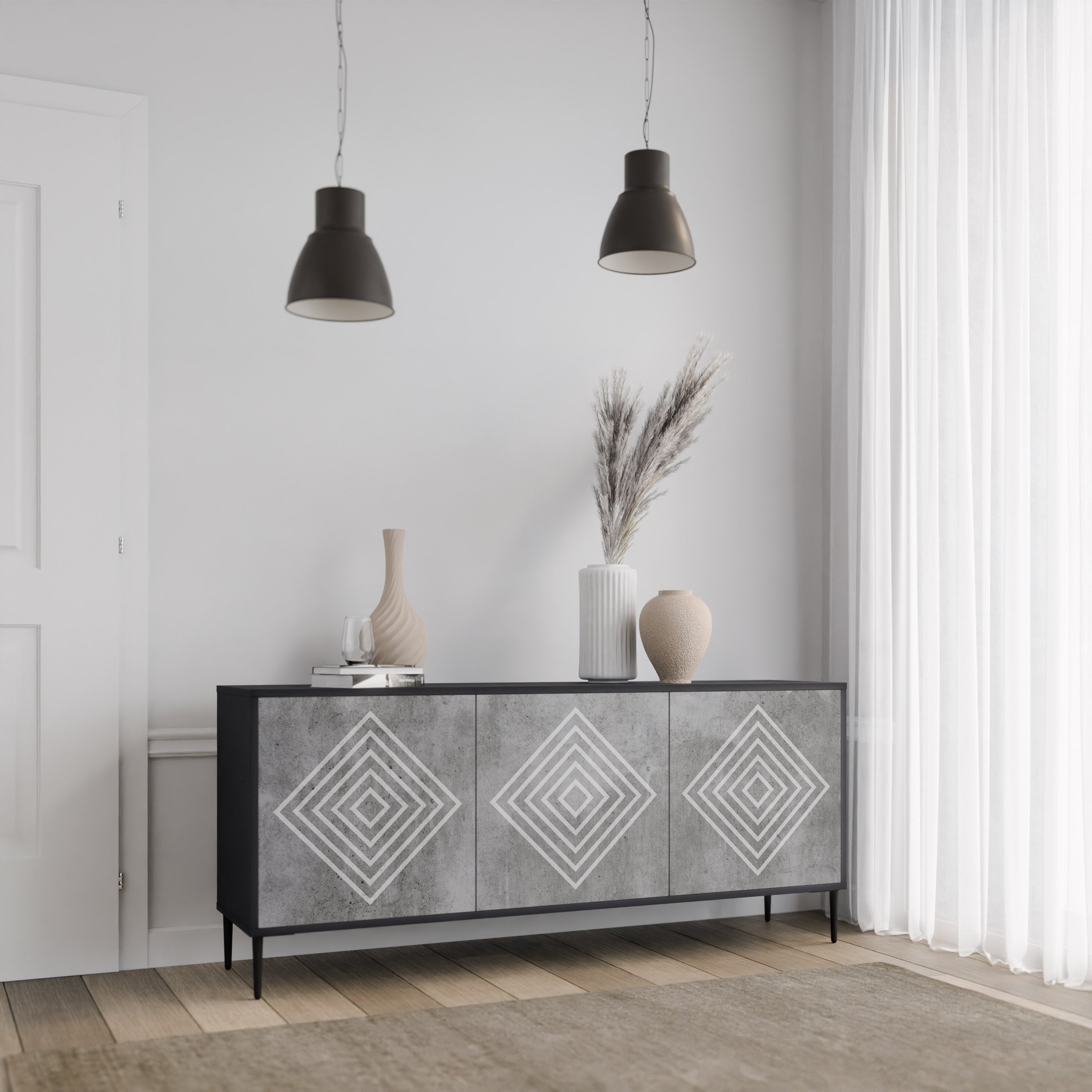 POLYGONAL ARTISTRY 3-Door Sideboard in Black Finish